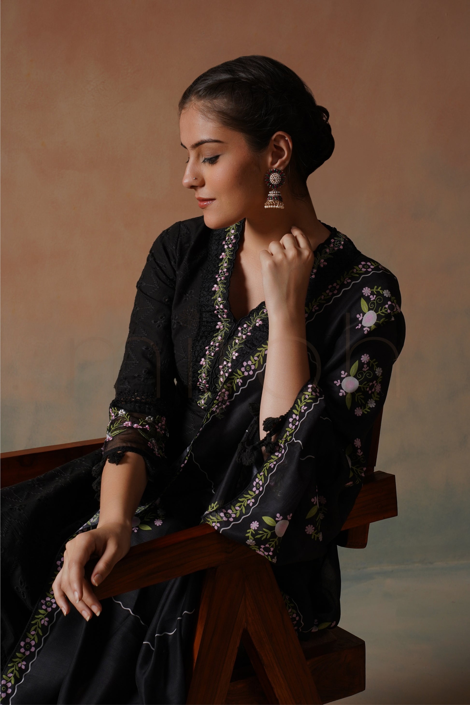 Black Embroidered Cotton Suit with Floral Print Dupatta