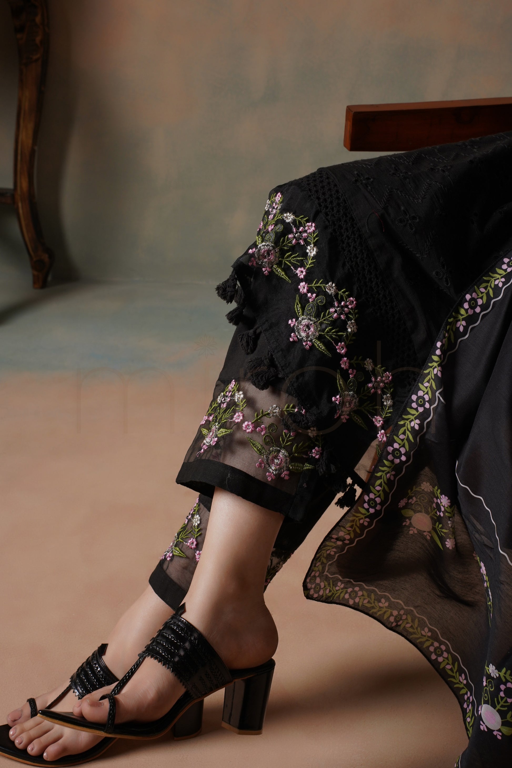Black Embroidered Cotton Suit with Floral Print Dupatta