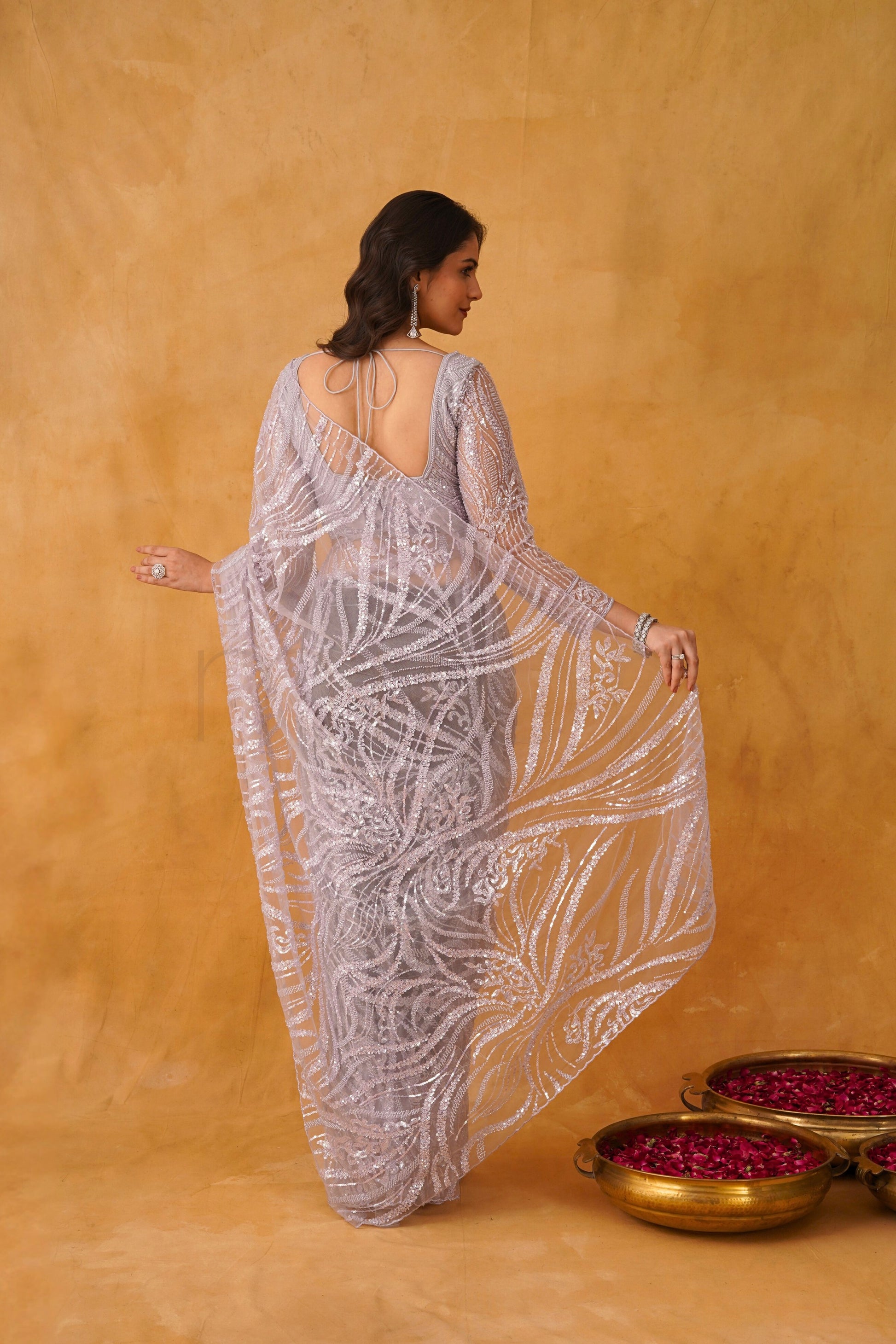 Lavender Gleam Net Saree with Intricate Sequin Detailing