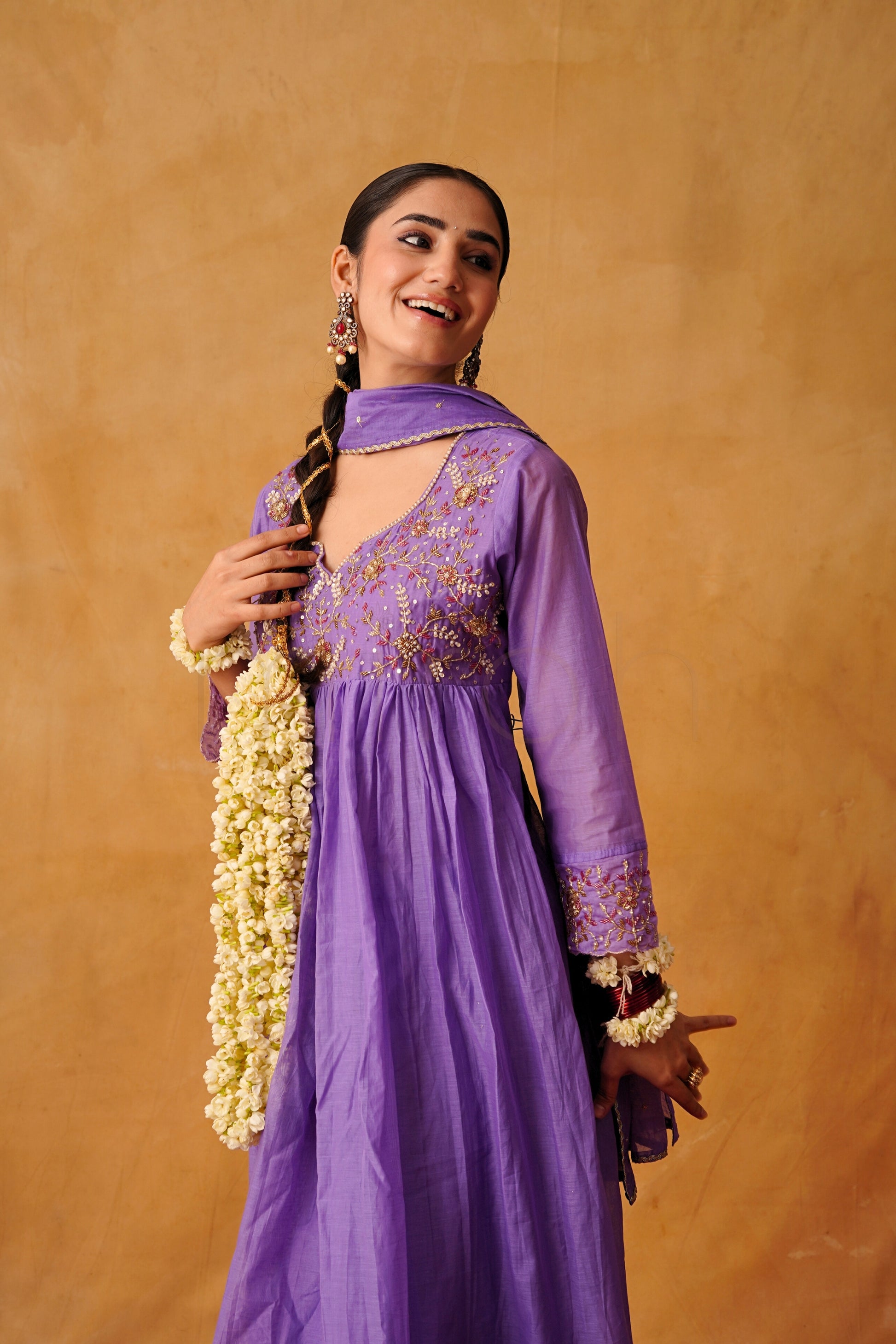 Mystic Lilac Handworked Mul Chanderi Suit Set
