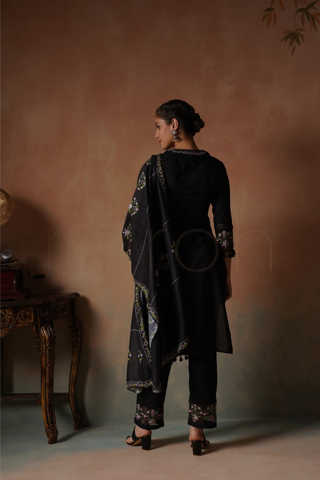 Black Embroidered Cotton Suit with Floral Print Dupatta