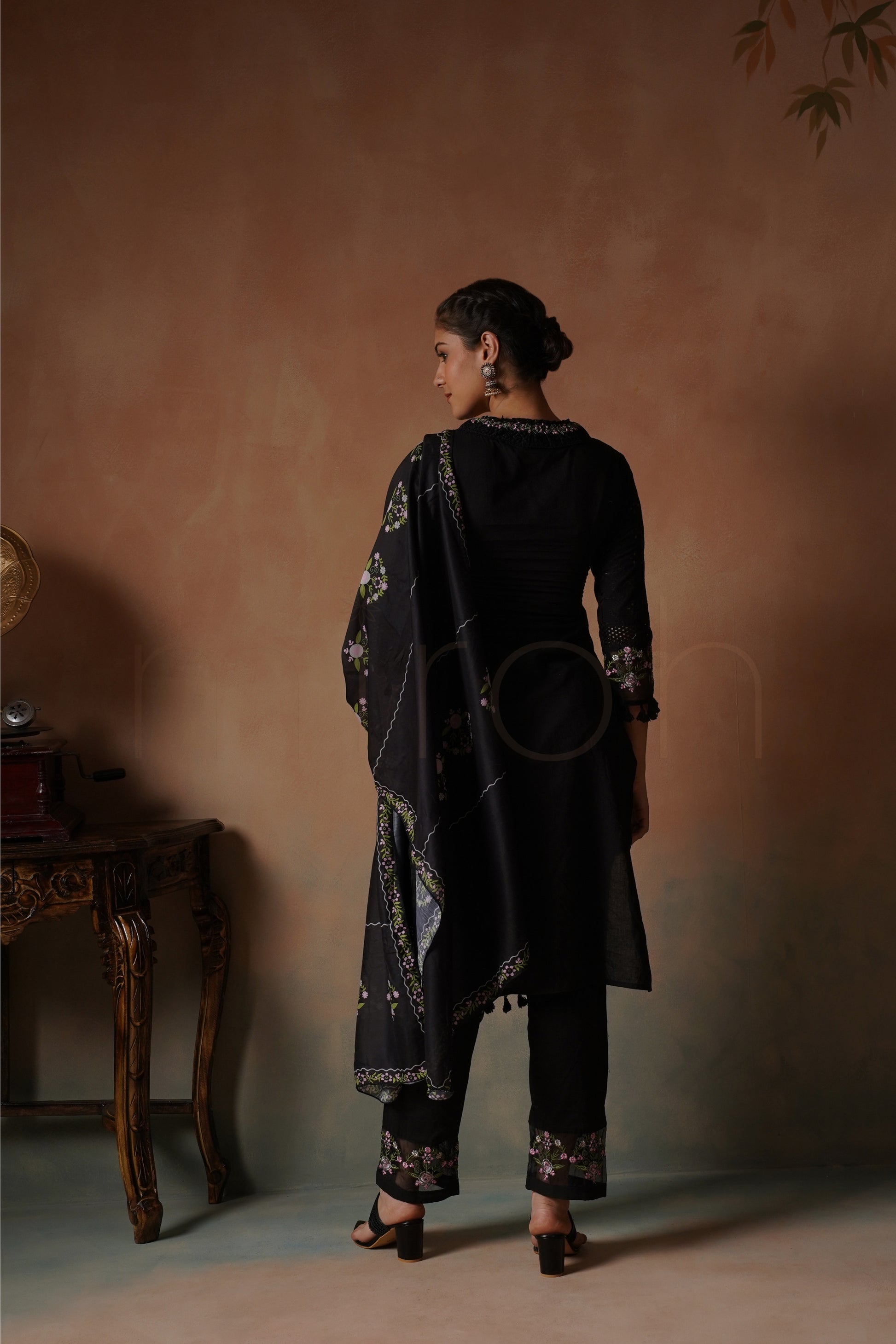 Black Embroidered Cotton Suit with Floral Print Dupatta