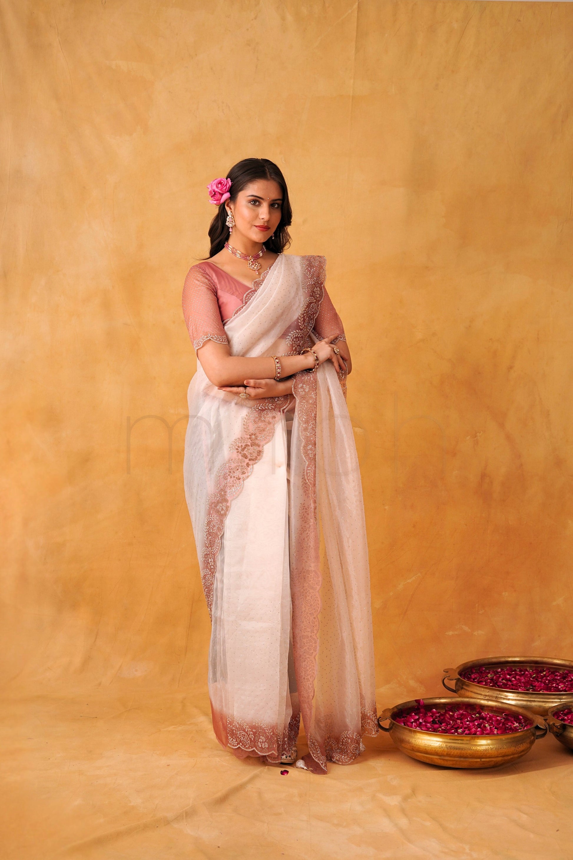 Dusty Rose Cream Ombre Organza Glass Tissue Saree with Stone Work Border