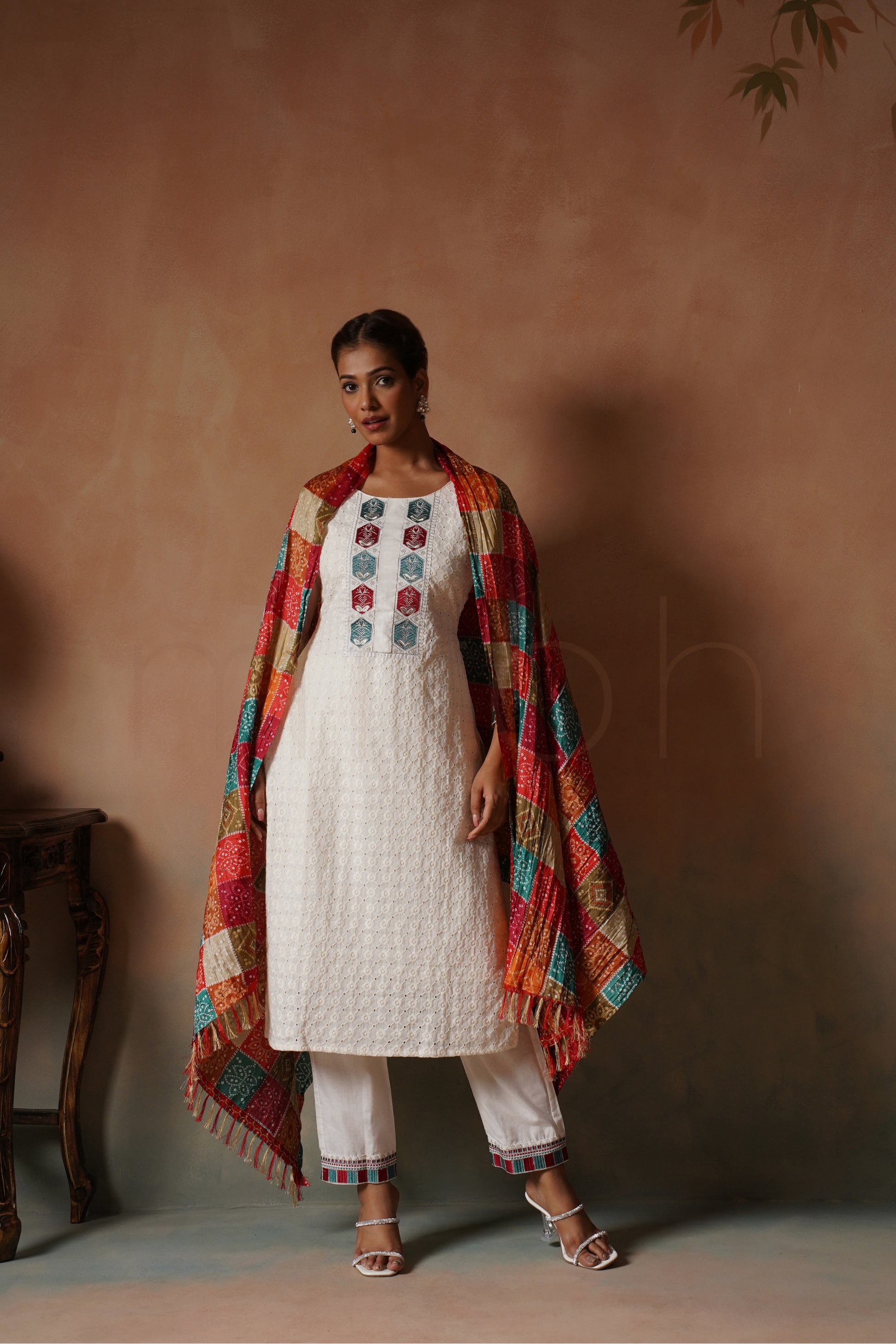 White Cotton Suit Set with Silk Bandhej Dupatta