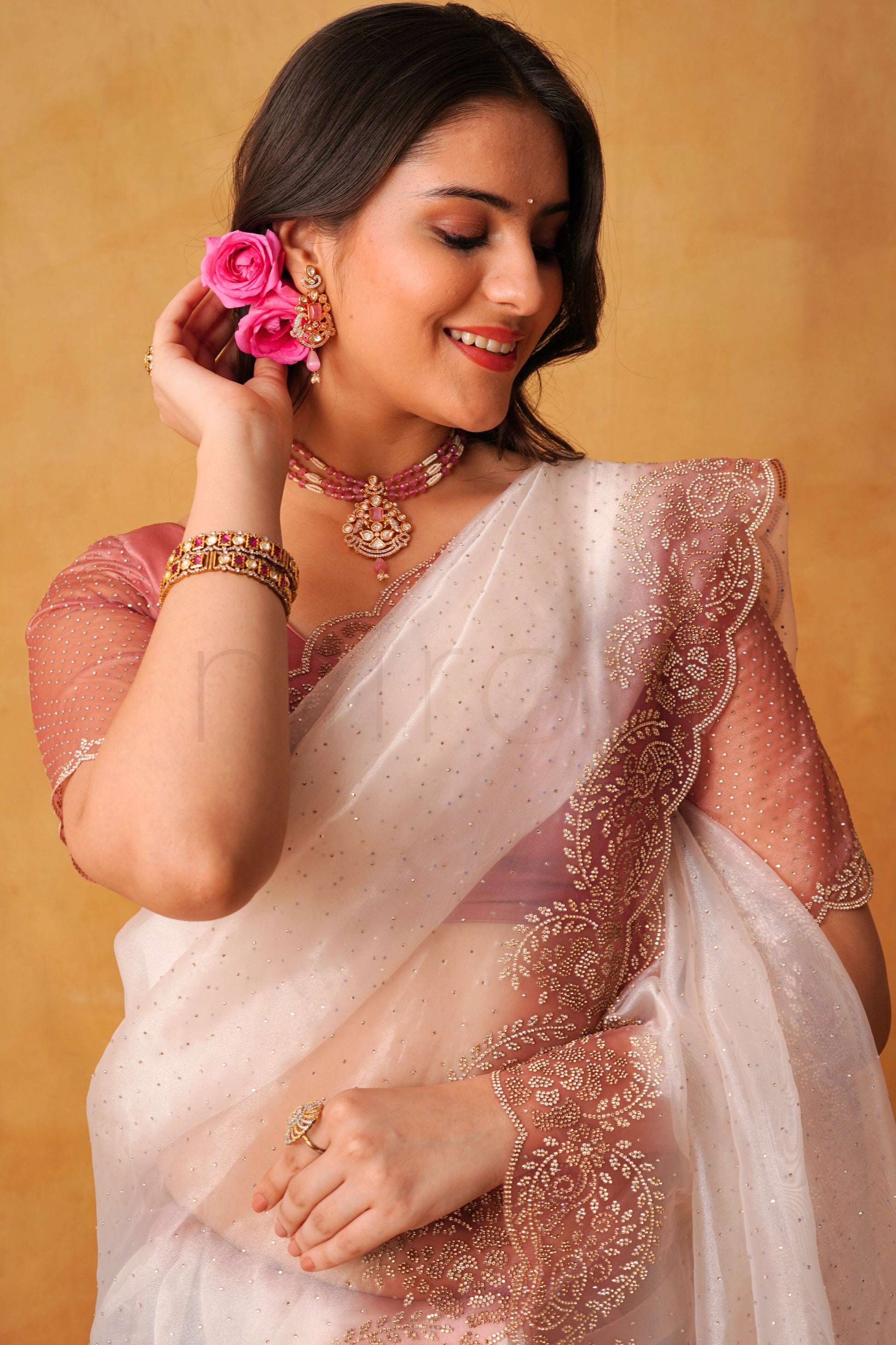 Dusty Rose Cream Ombre Organza Glass Tissue Saree with Stone Work Border