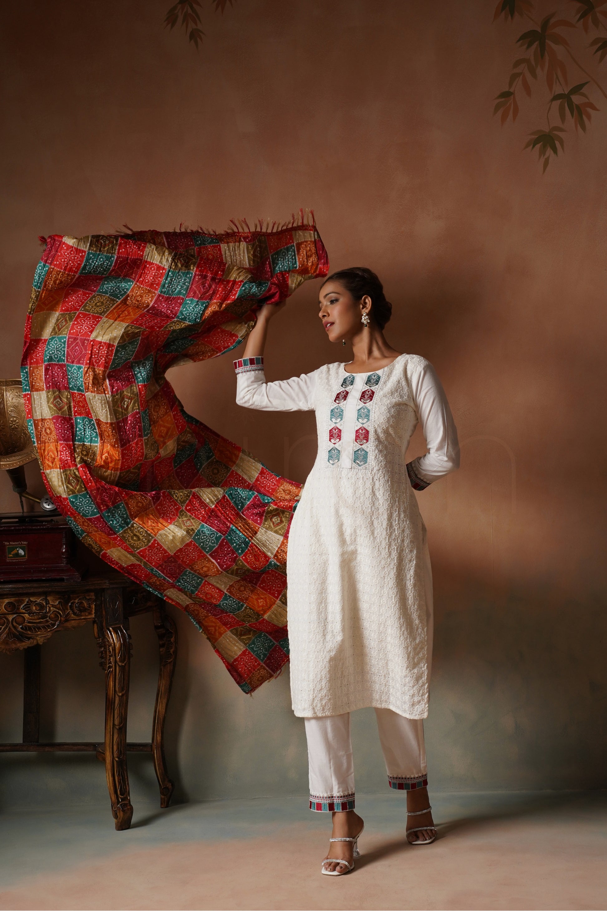 White Cotton Suit Set with Silk Bandhej Dupatta