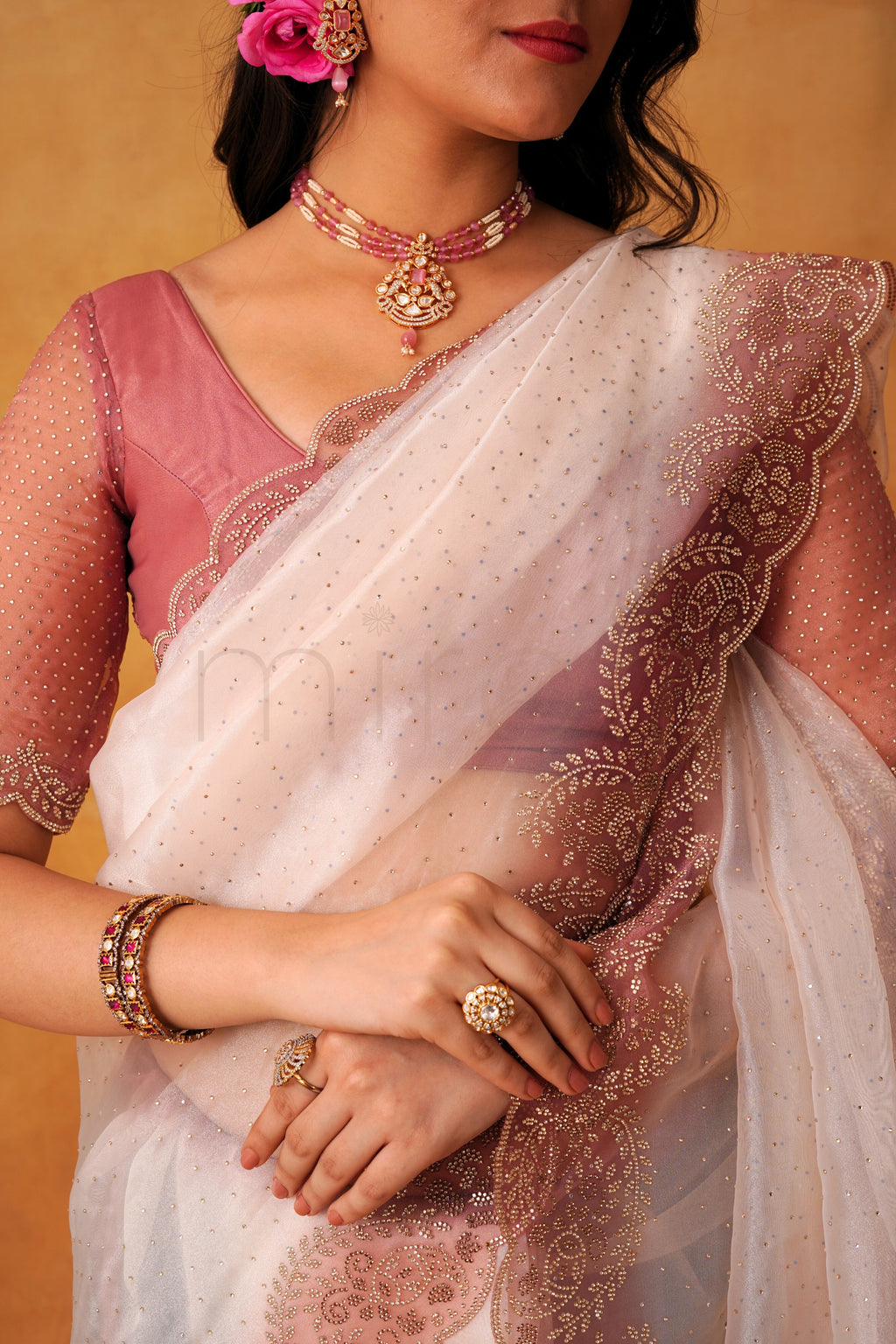 Dusty Rose Cream Ombre Organza Glass Tissue Saree with Stone Work Border