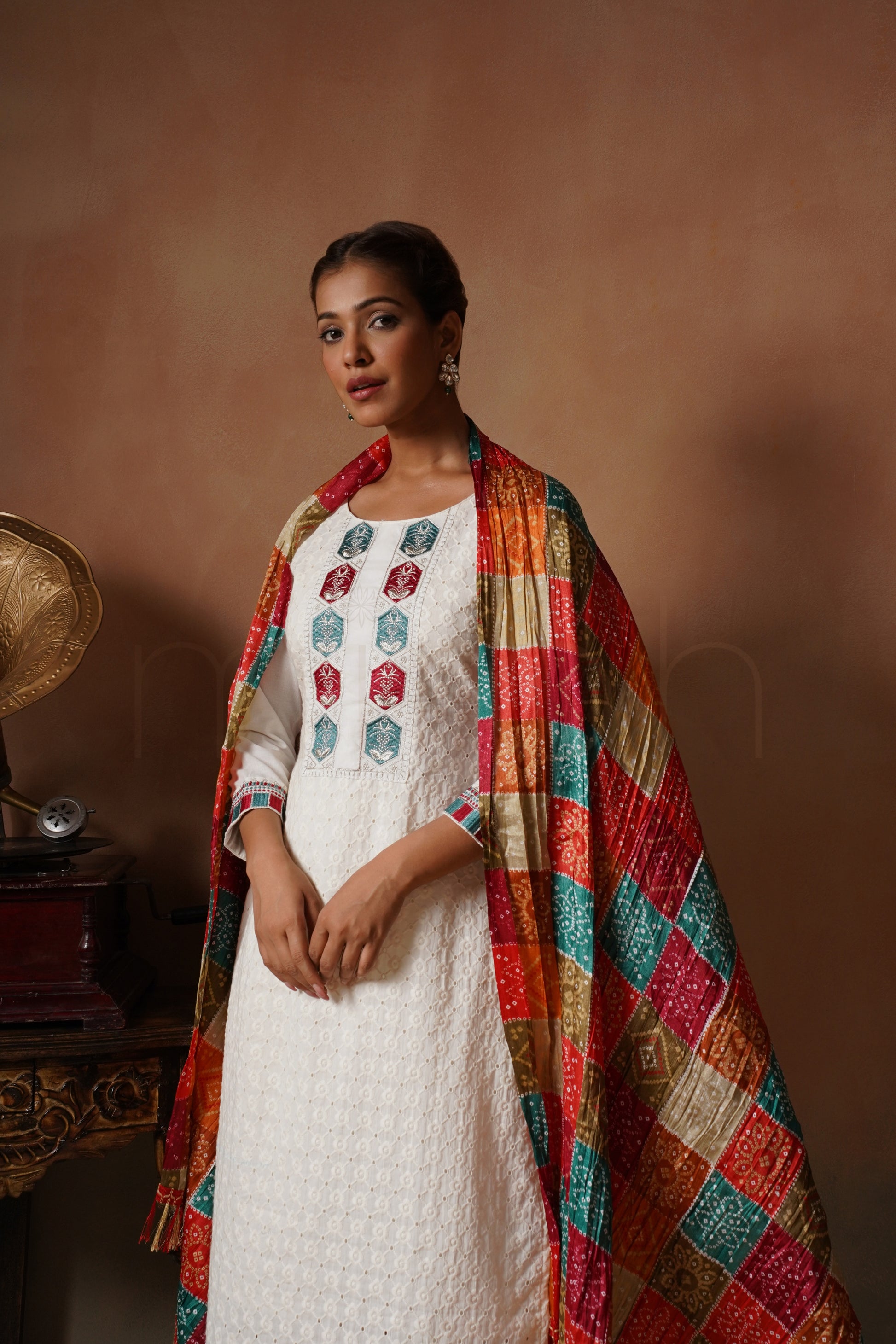 White Cotton Suit Set with Silk Bandhej Dupatta