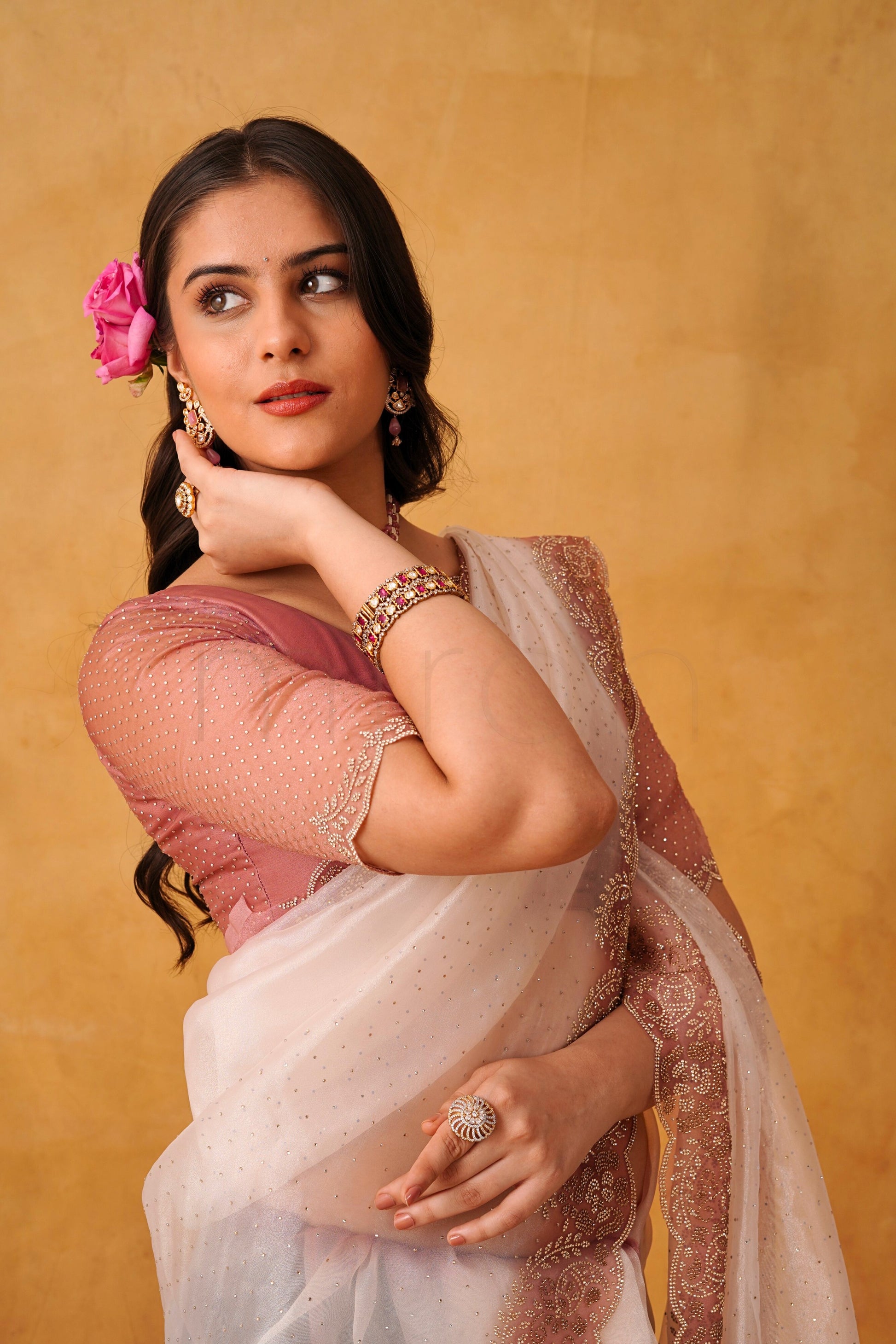 Dusty Rose Cream Ombre Organza Glass Tissue Saree with Stone Work Border