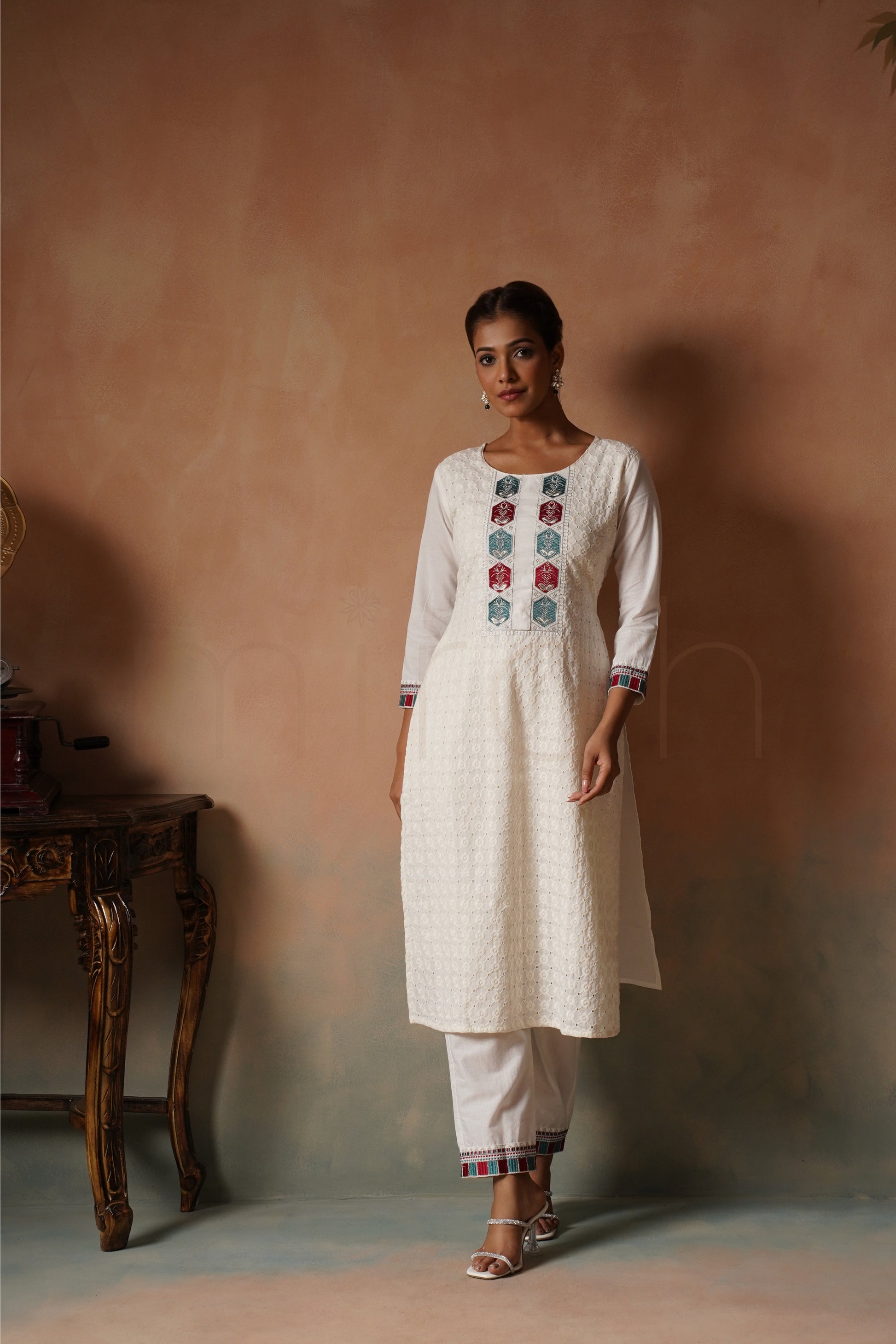 White Cotton Suit Set with Silk Bandhej Dupatta
