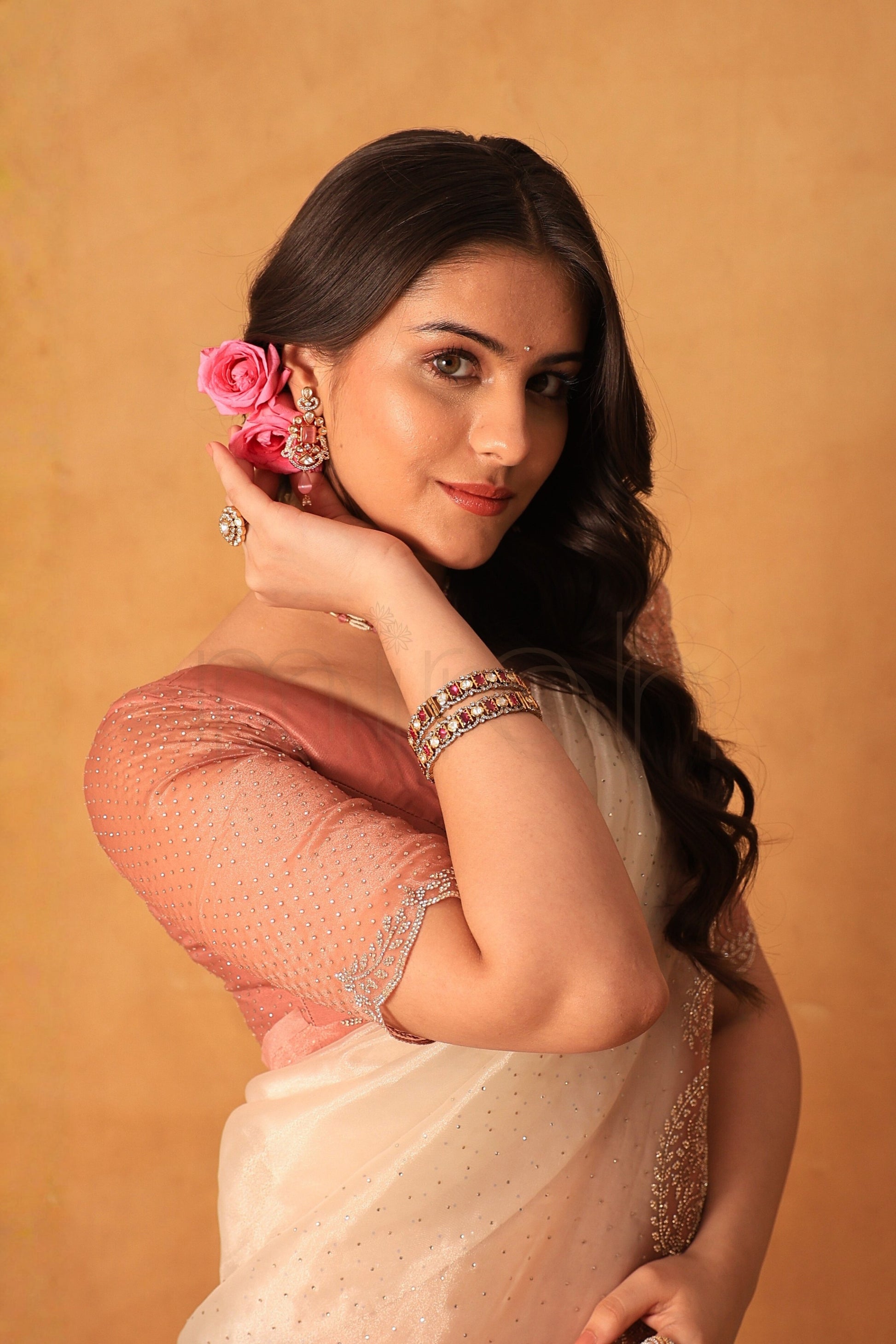 Dusty Rose Cream Ombre Organza Glass Tissue Saree with Stone Work Border