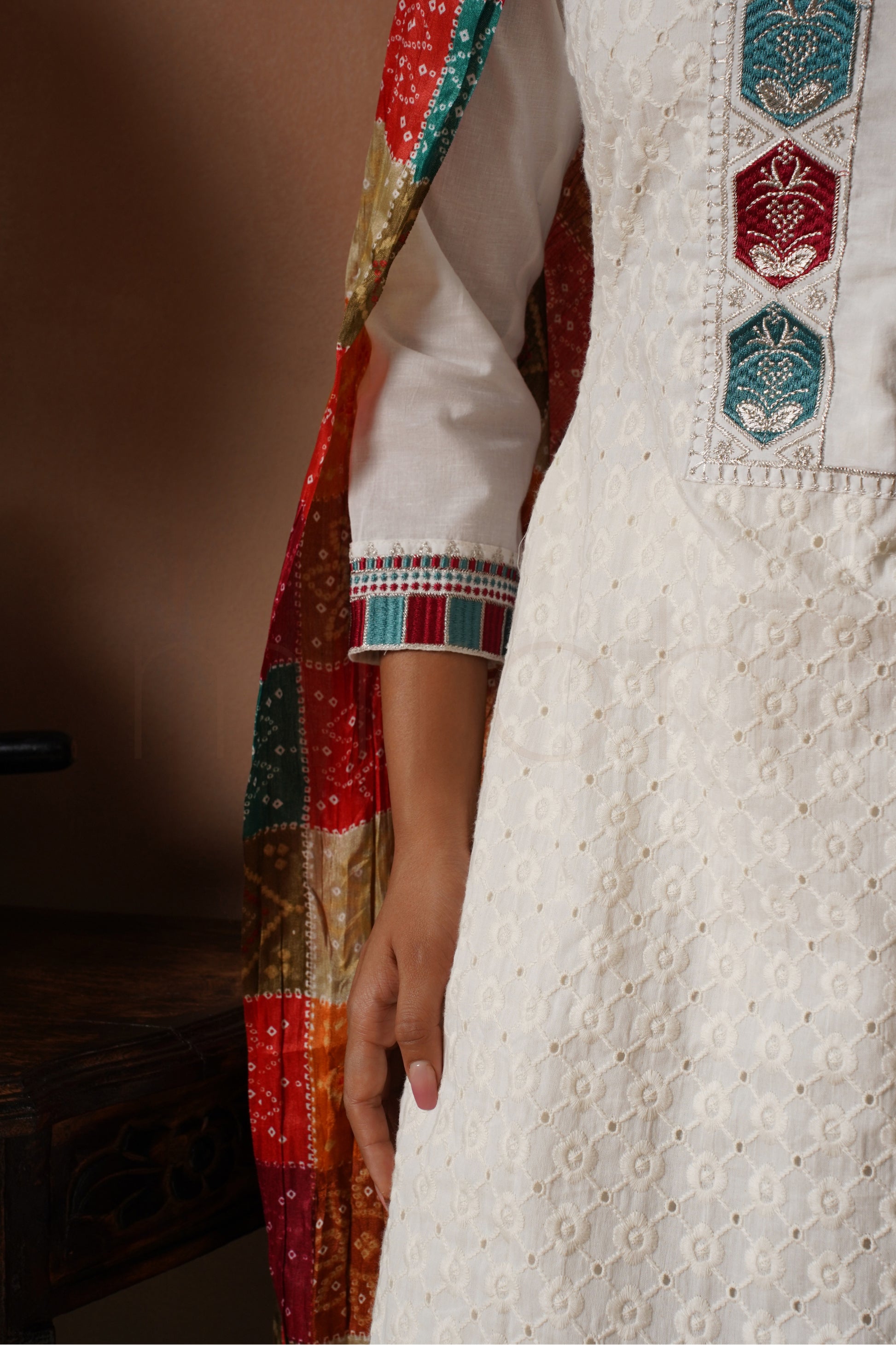 White Cotton Suit Set with Silk Bandhej Dupatta