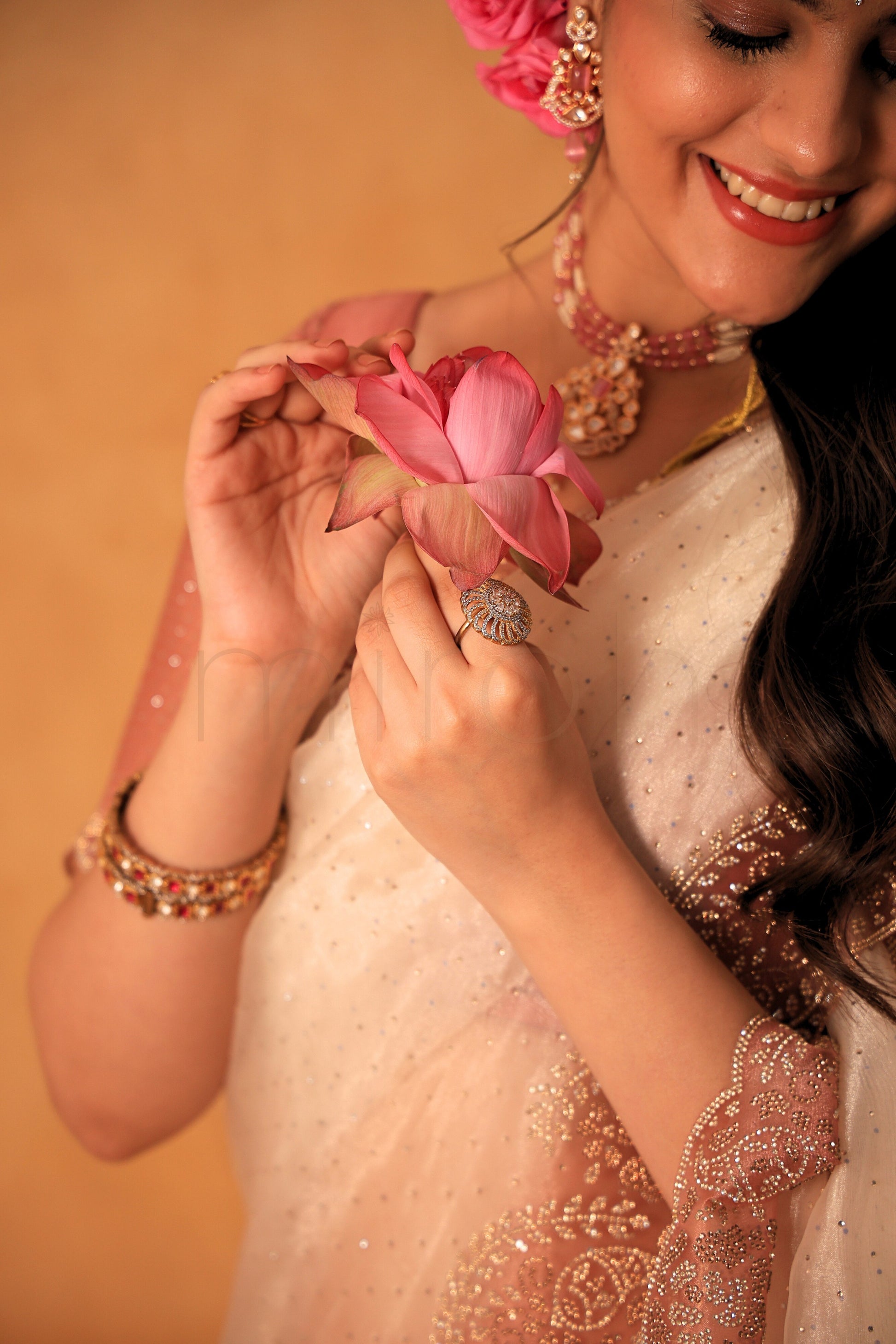 Dusty Rose Cream Ombre Organza Glass Tissue Saree with Stone Work Border
