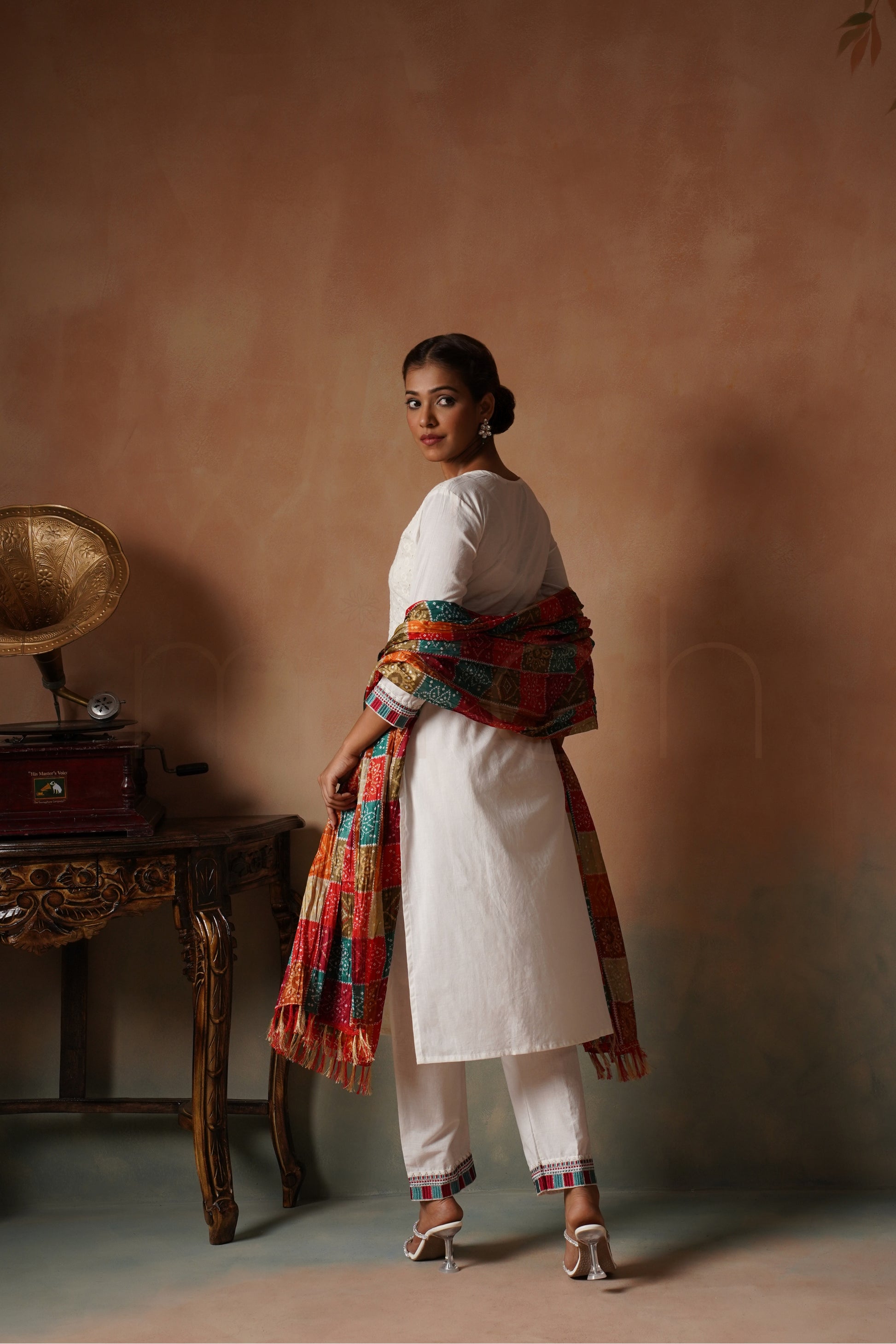 White Cotton Suit Set with Silk Bandhej Dupatta