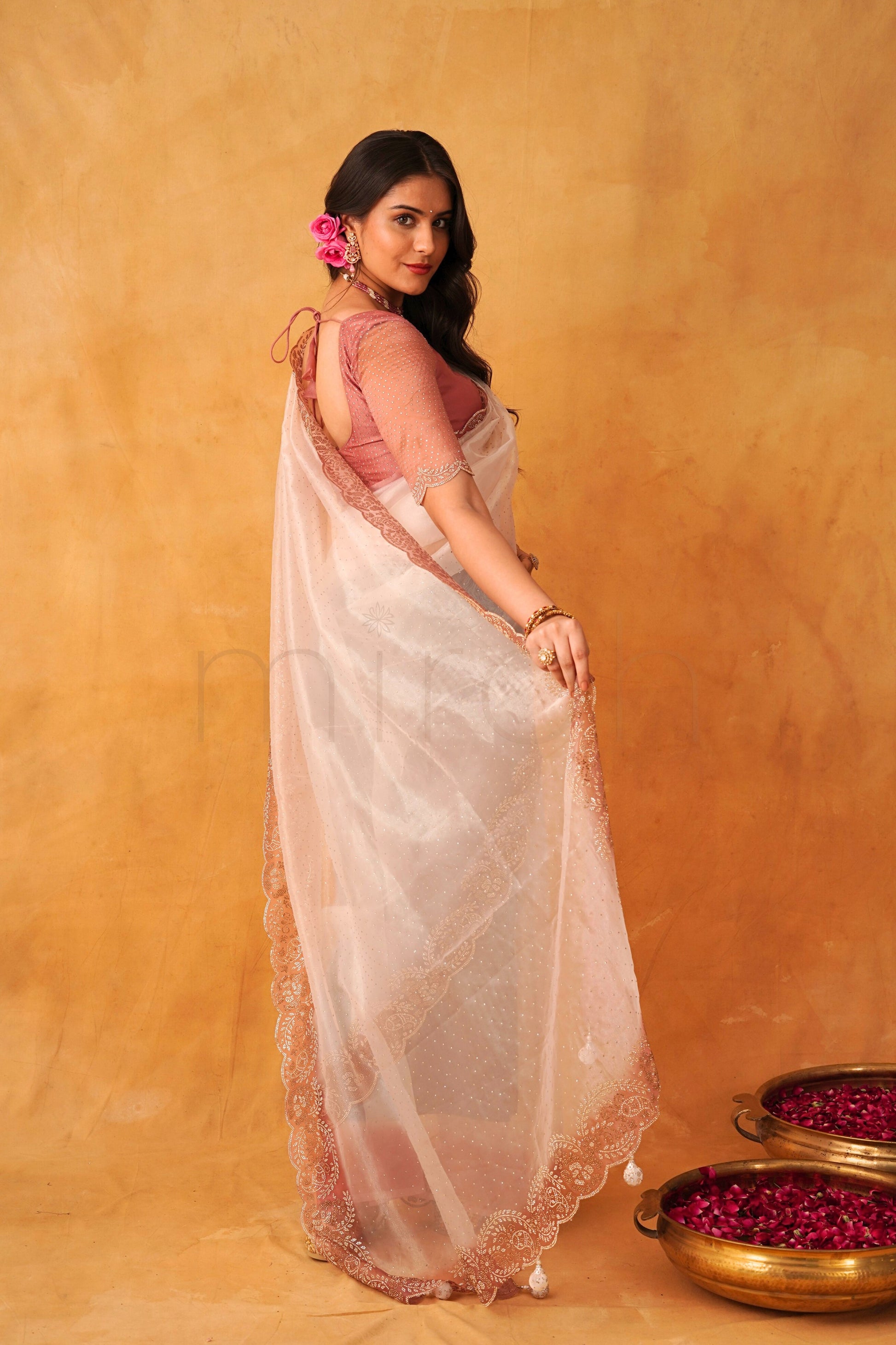 Dusty Rose Cream Ombre Organza Glass Tissue Saree with Stone Work Border