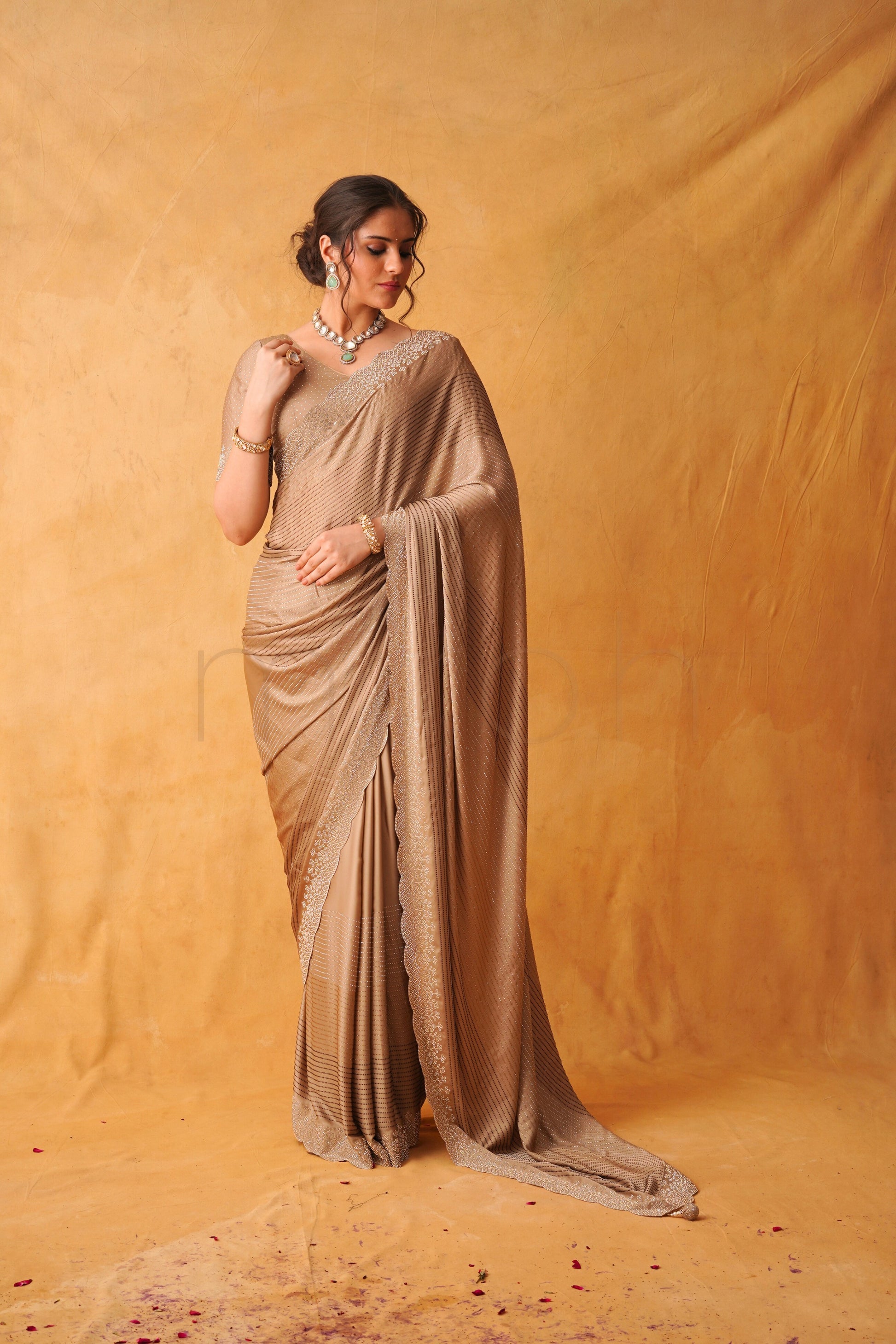 Chikoo Gold Satin Saree with Swarovski & Jarkan Stone Embellishments