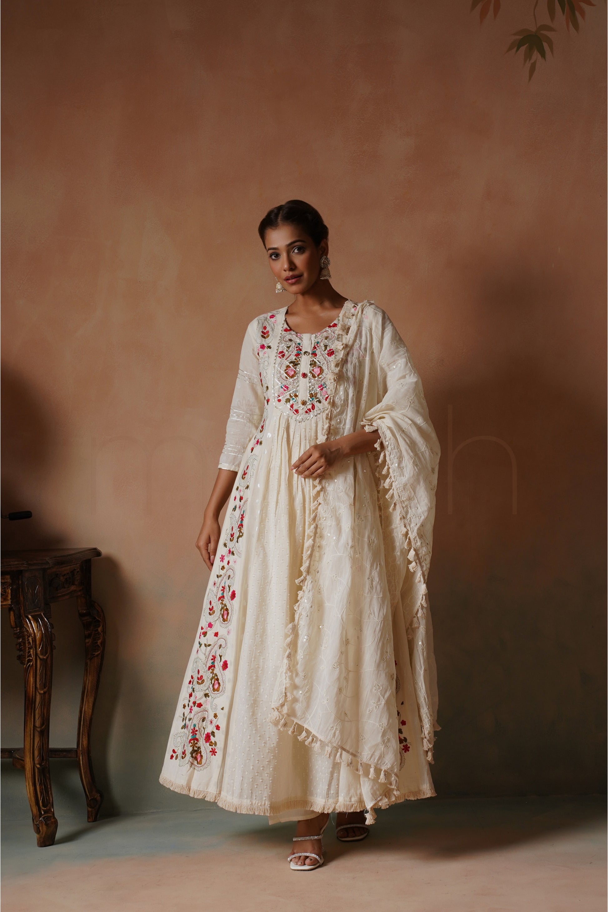 Off-White Embroidered Cotton Anarkali Set