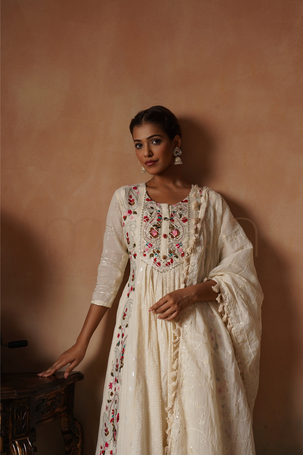 Off-White Embroidered Cotton Anarkali Set
