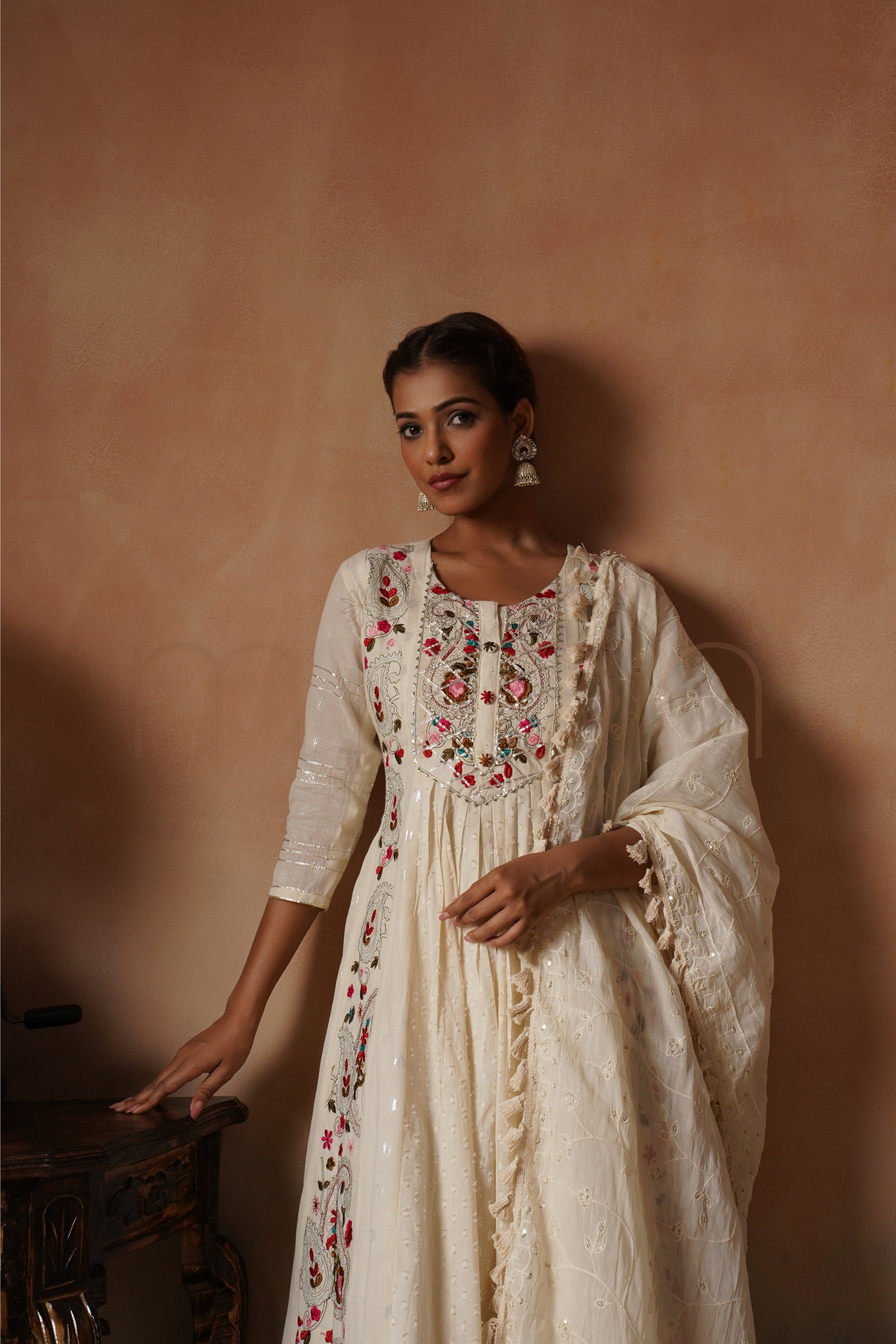 Off-White Embroidered Cotton Anarkali Set