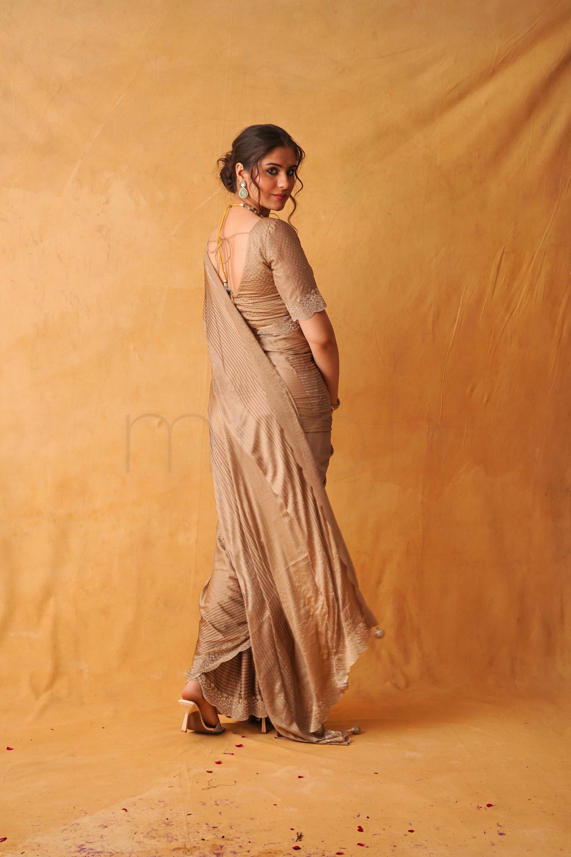 Chikoo Gold Satin Saree with Swarovski & Jarkan Stone Embellishments