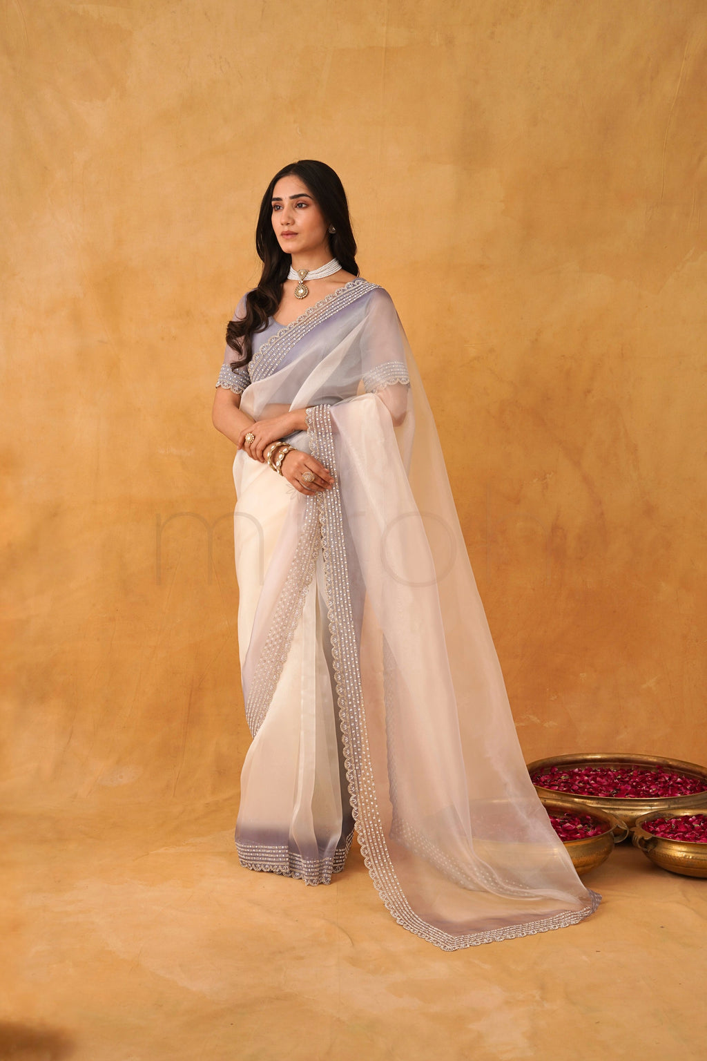 Lavender Ivory Ombre Organza Saree with Sequin & Bead Border