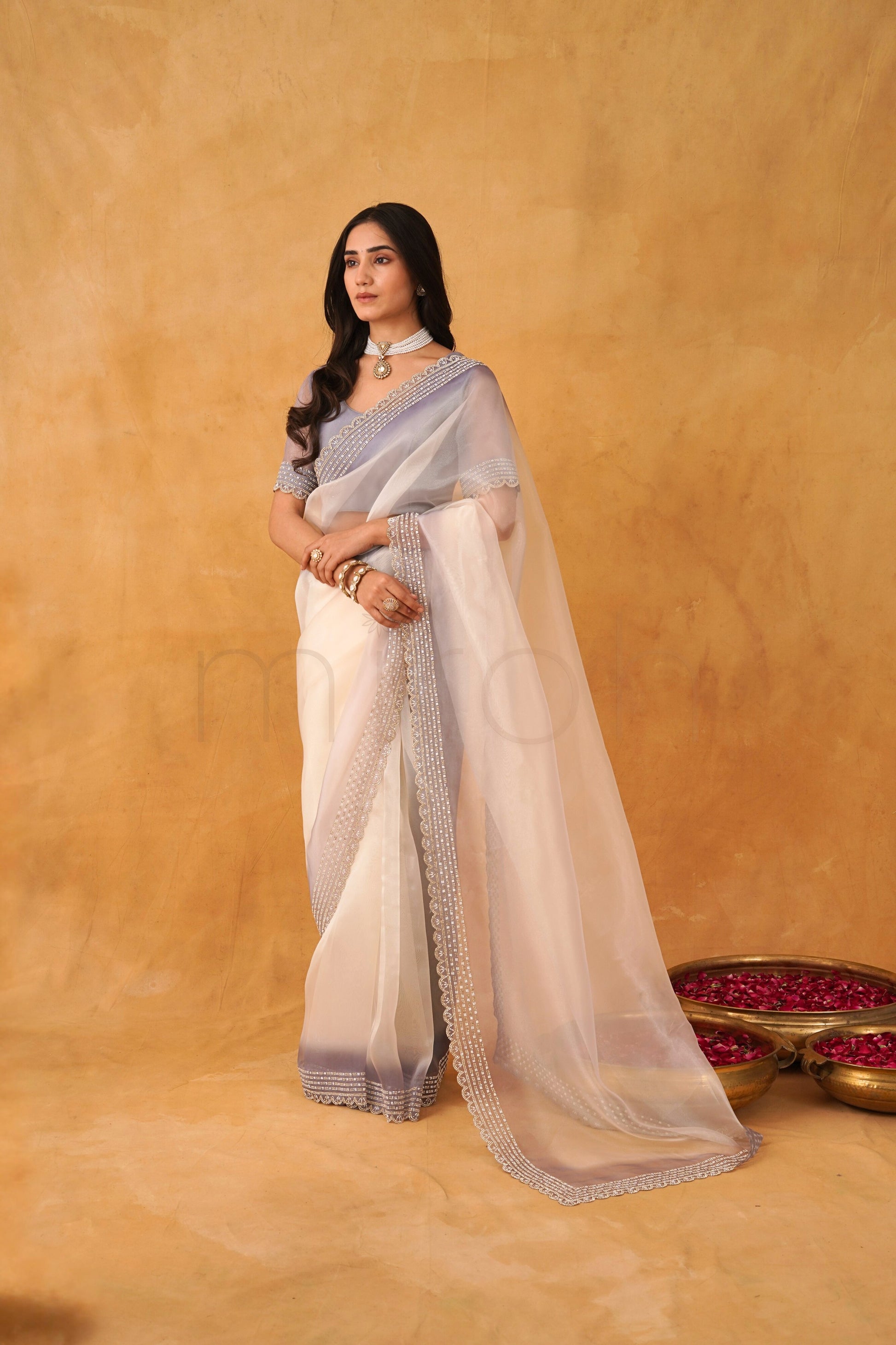 Lavender Ivory Ombre Organza Saree with Sequin & Bead Border