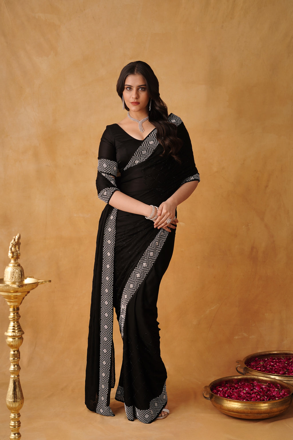 Black Luxe Satin Saree with Intricate Silver Embellishment