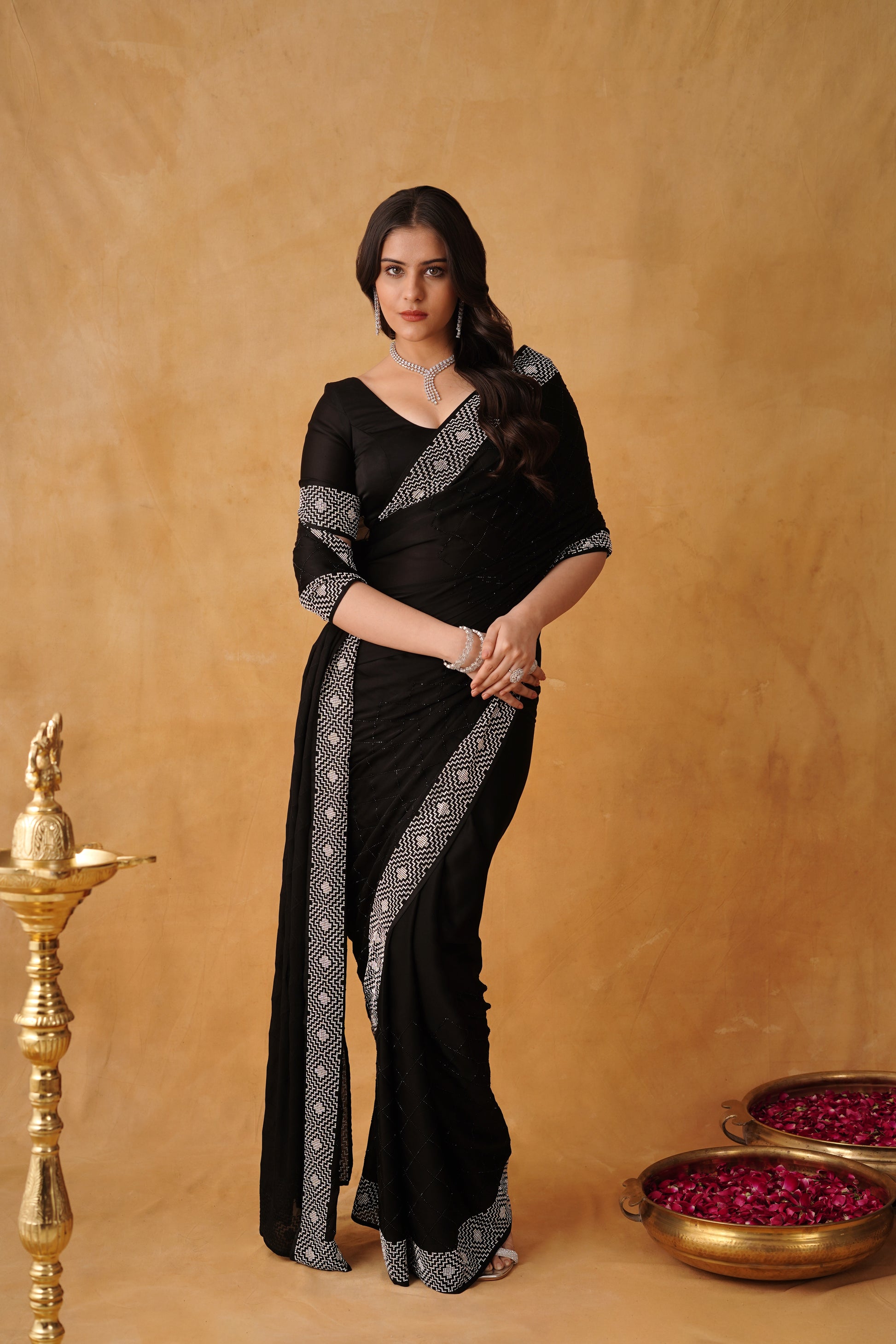 Black Luxe Satin Saree with Intricate Silver Embellishment