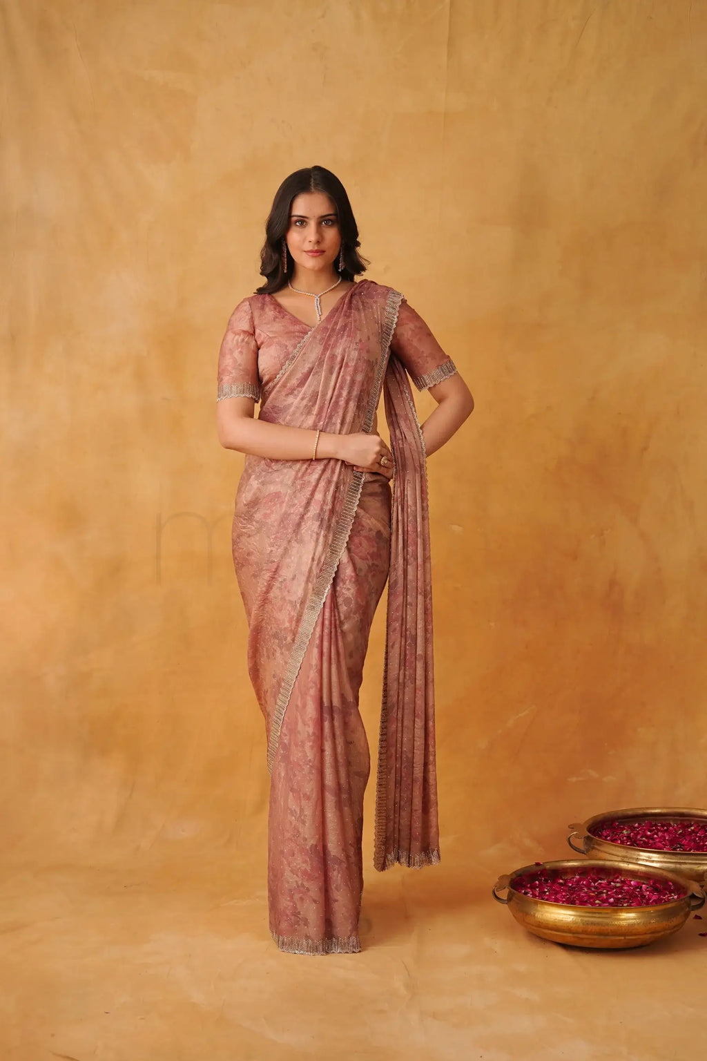 Blush Rose Pink Floral Printed Saree