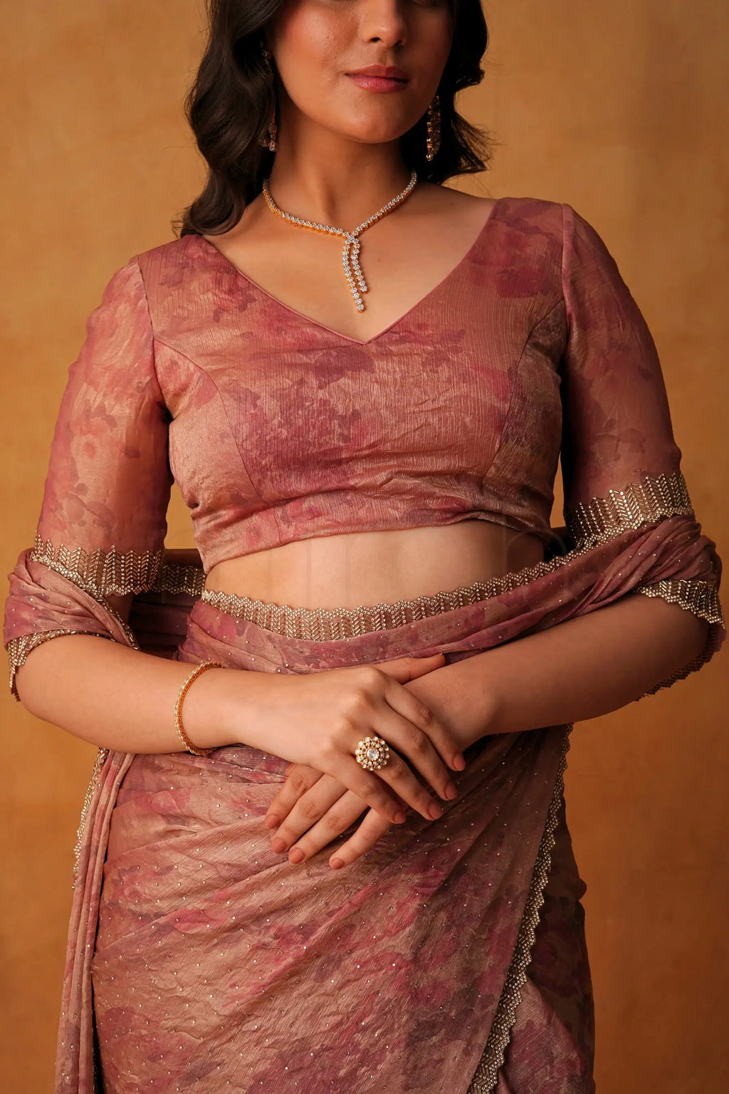 Blush Rose Pink Floral Printed Saree