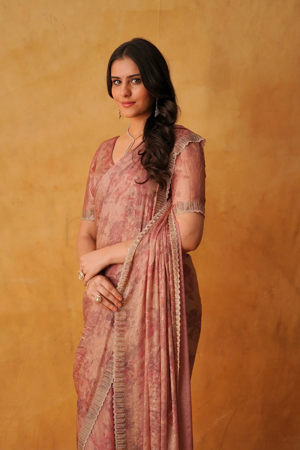Blush Rose Pink Floral Printed Saree