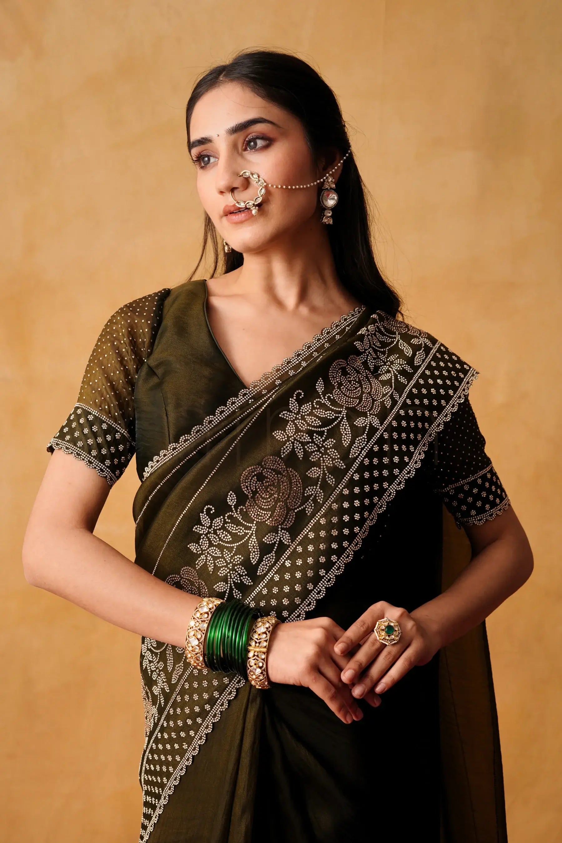 Mehndi Glow Organza Saree with Hand-Embellished Border