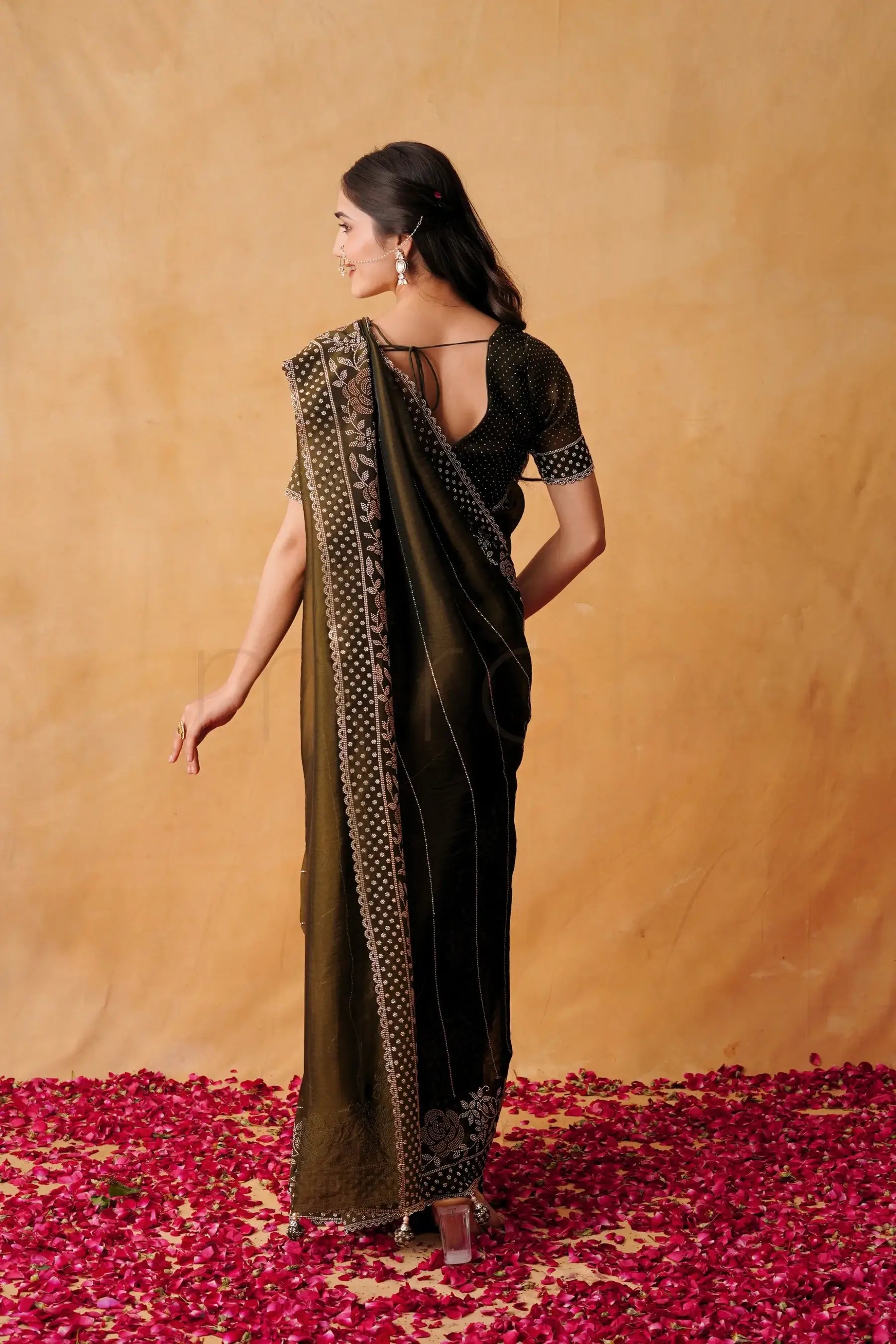 Mehndi Glow Organza Saree with Hand-Embellished Border