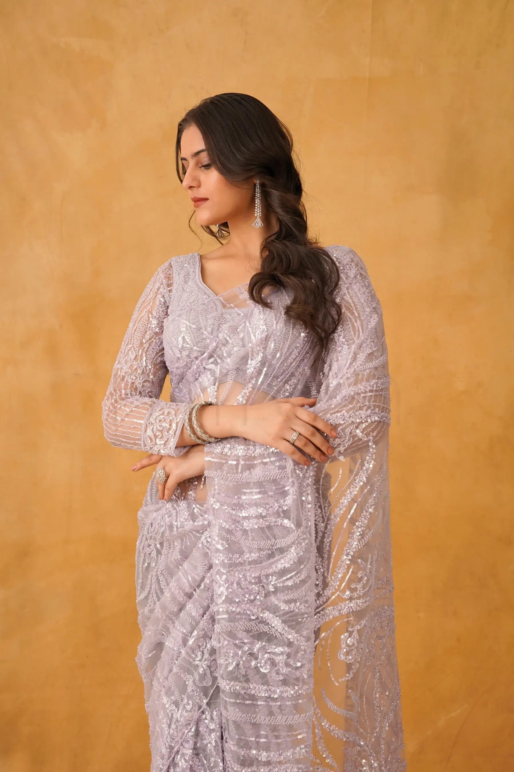 Lavender Gleam Net Saree with Intricate Sequin Detailing