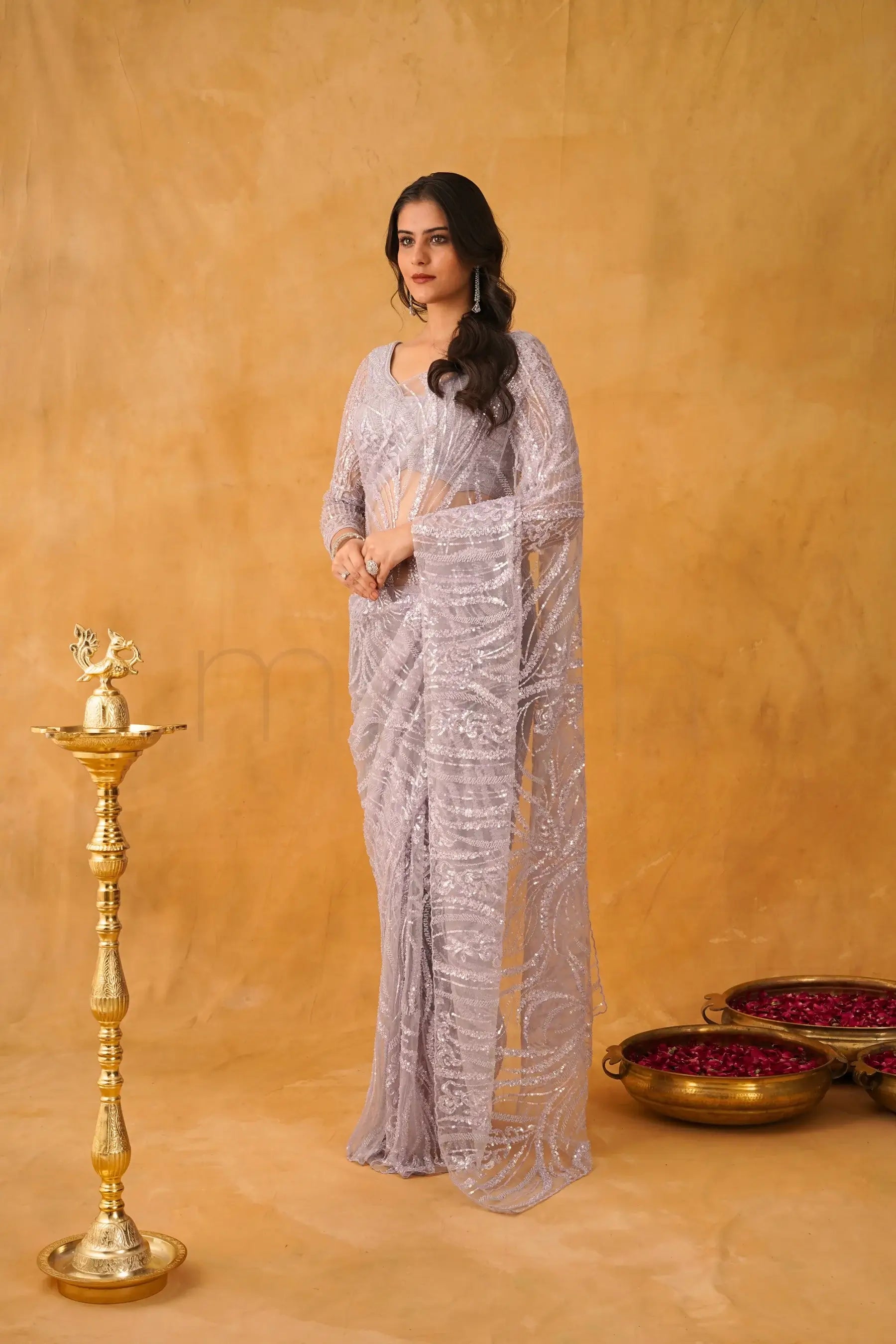 Lavender Gleam Net Saree with Intricate Sequin Detailing