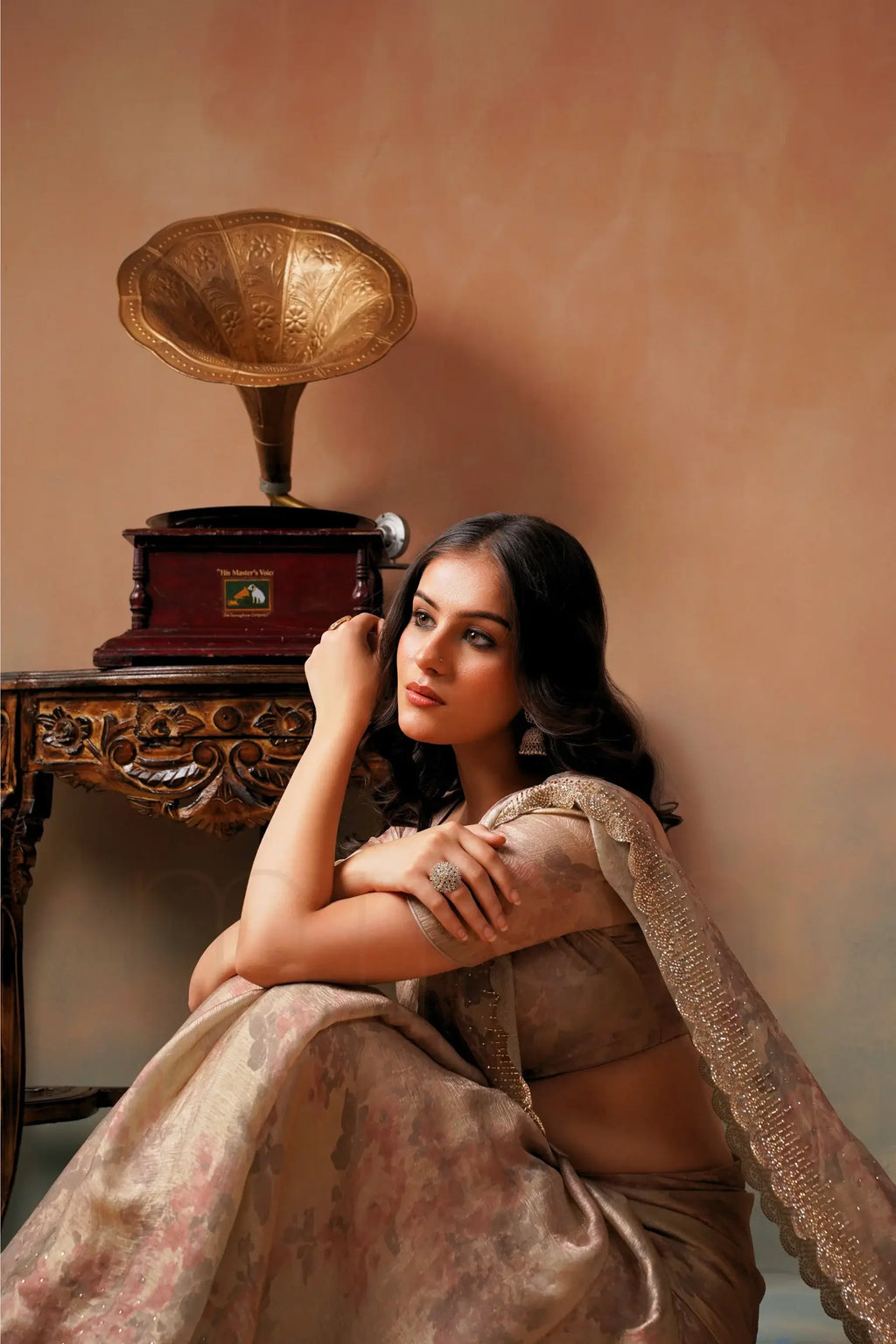 Muted Beige Bloom Floral Print Saree