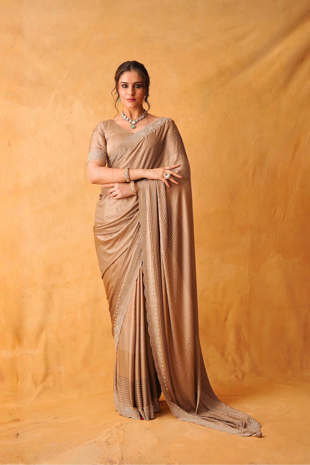 Chikoo Gold Satin Saree with Swarovski & Jarkan Stone Embellishments