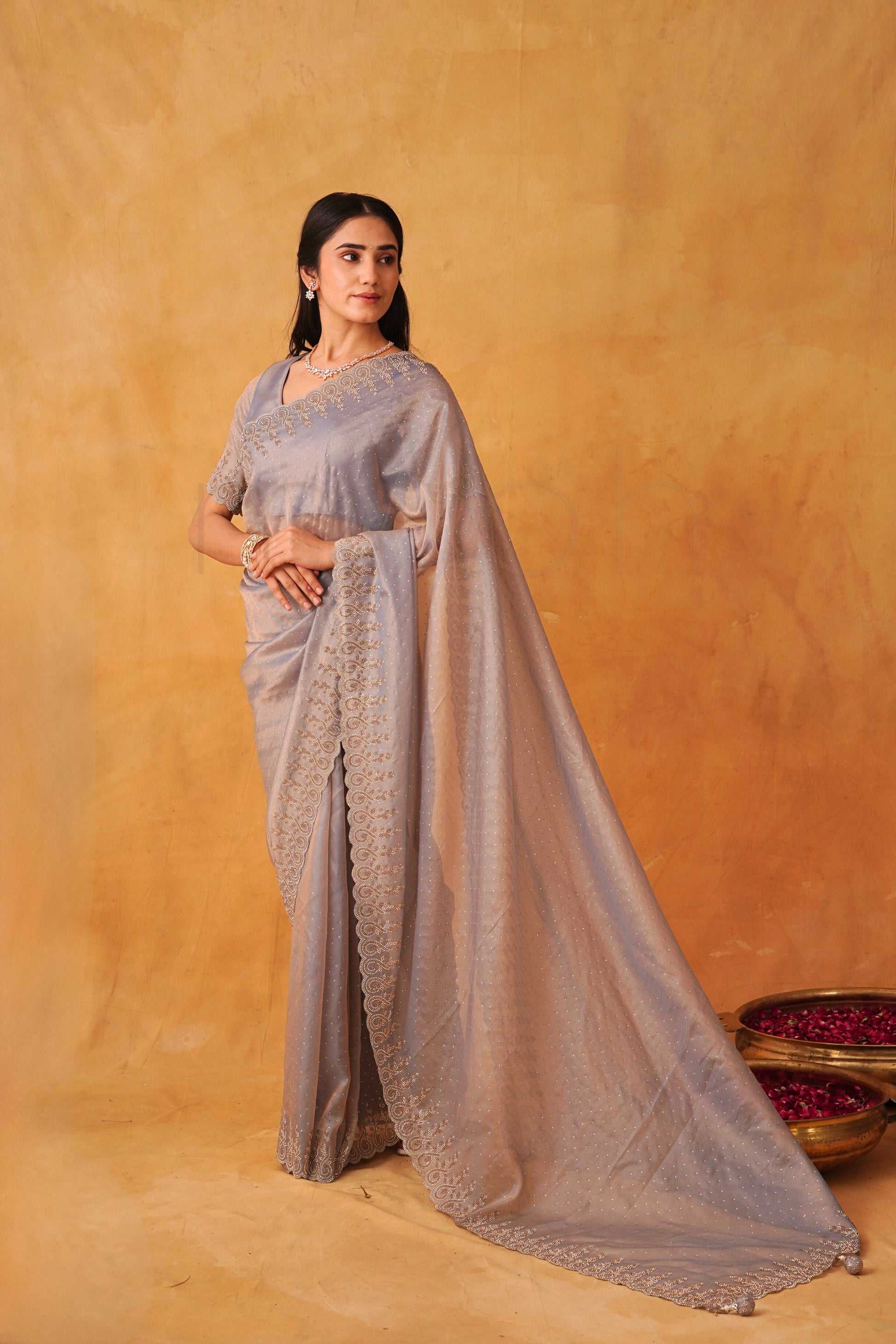 Mist Berry Organza Saree Adorned with Fine Stone Embroidery