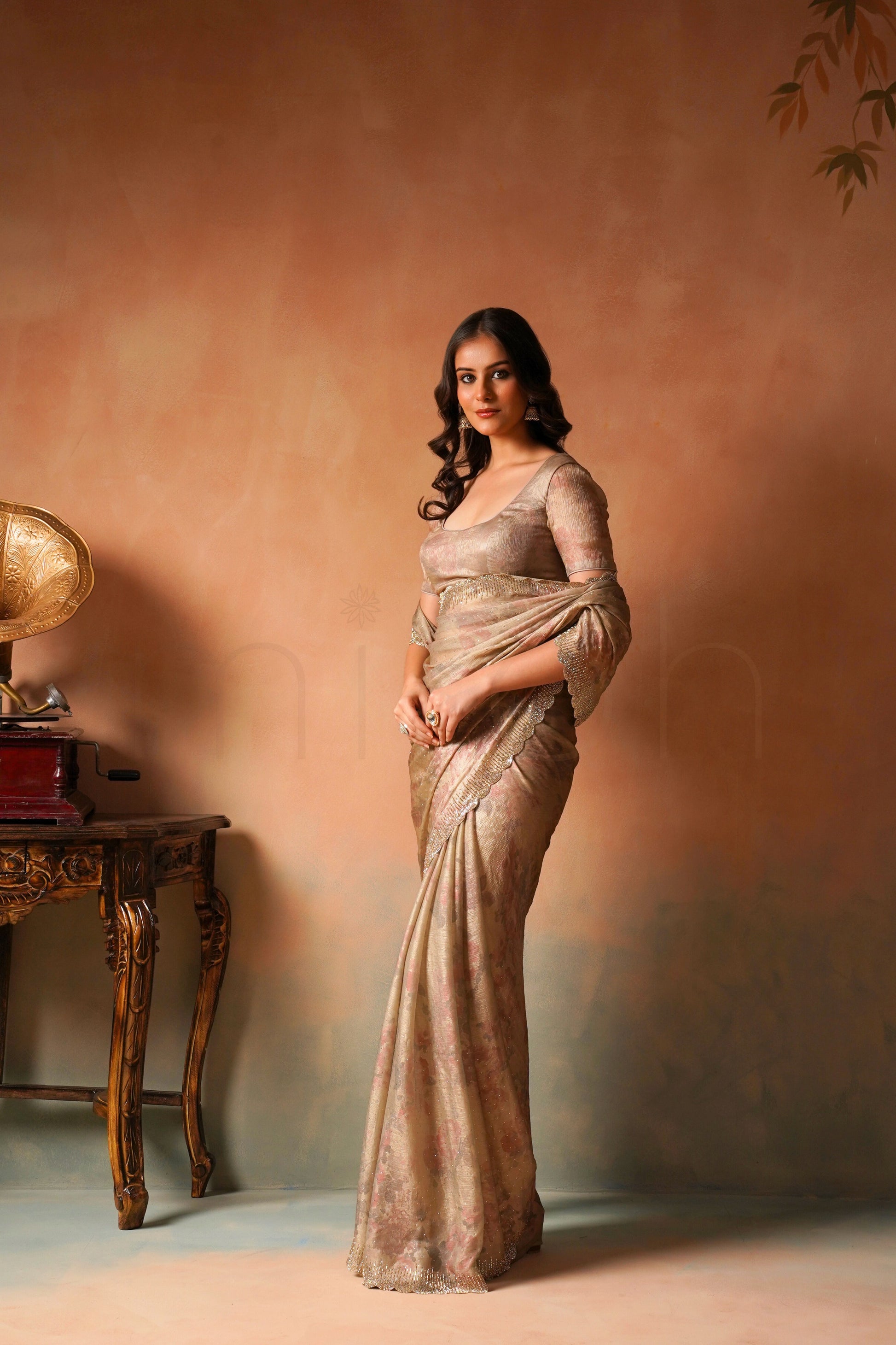 Muted Beige Bloom Floral Print Saree