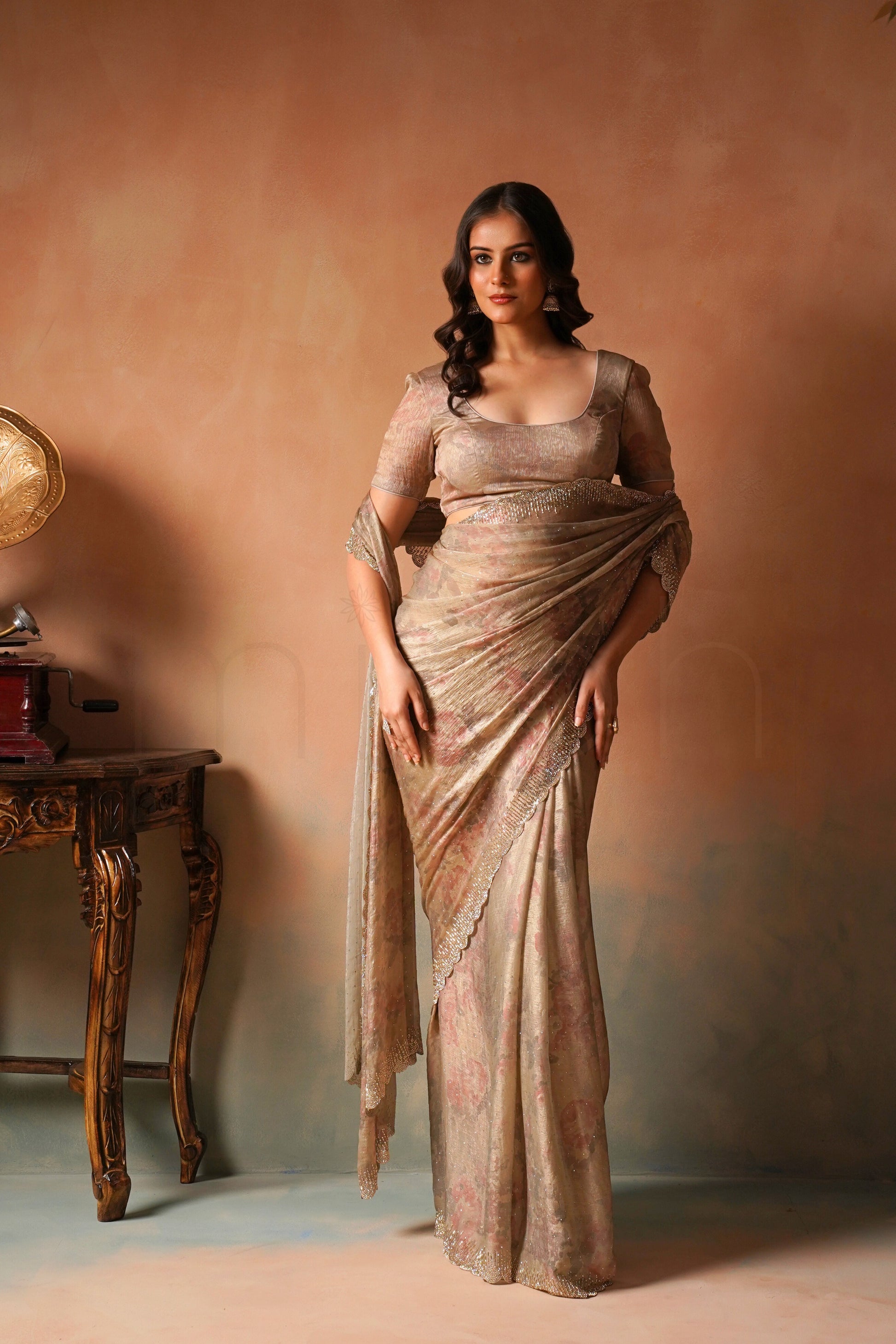 Muted Beige Bloom Floral Print Saree