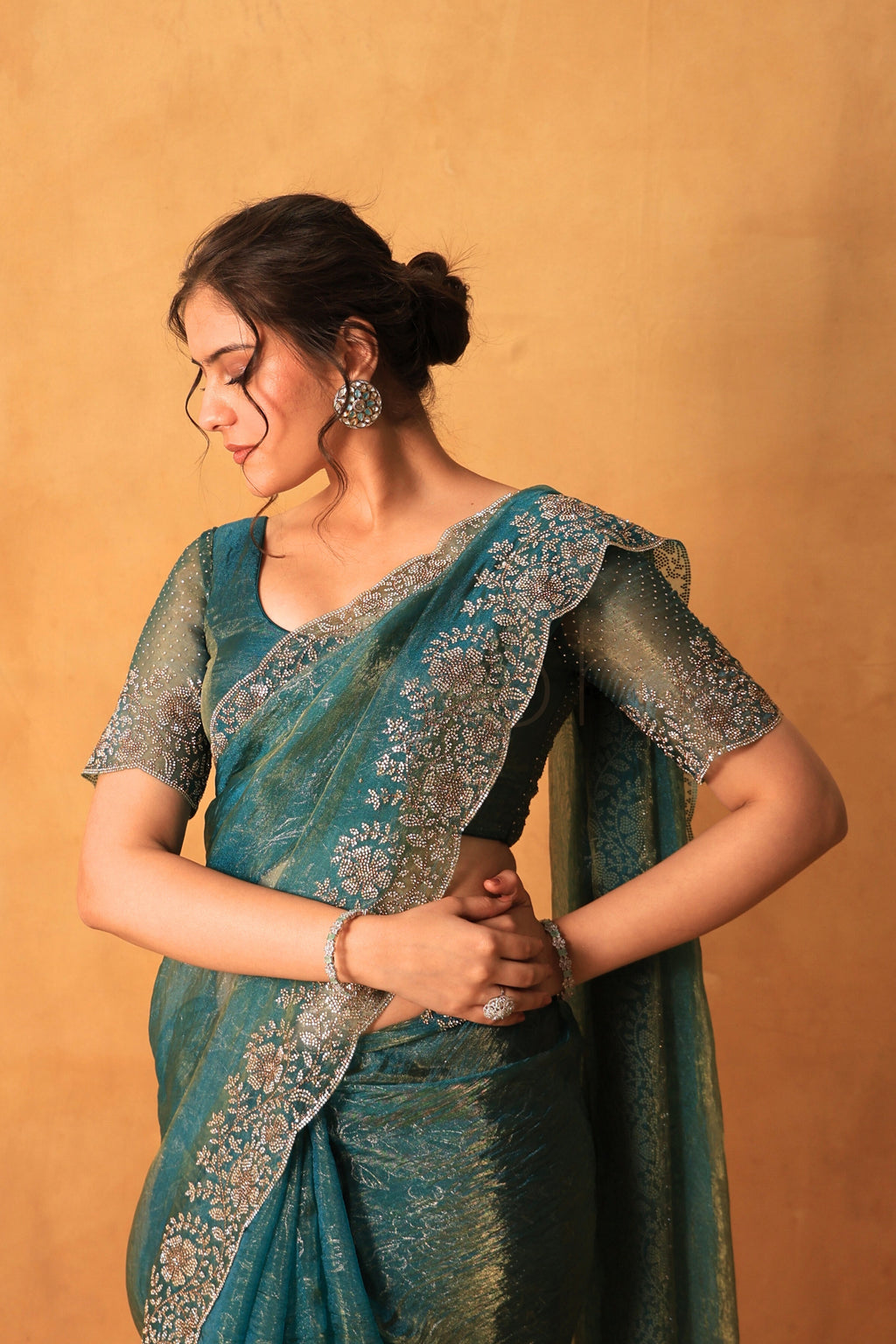 Dusty Sea Green Tissue Organza Saree
