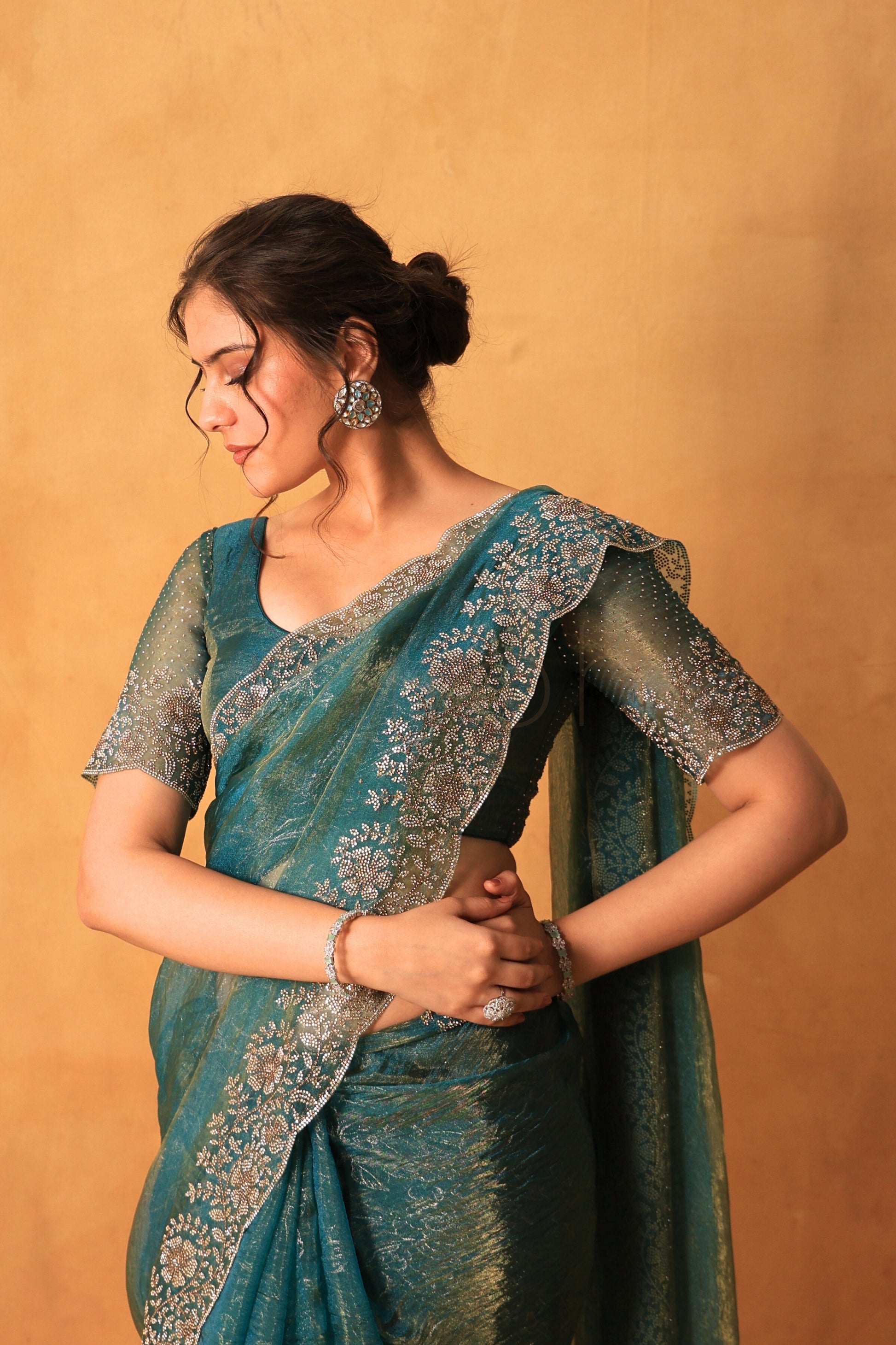 Dusty Sea Green Tissue Organza Saree