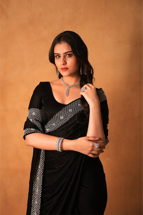 Black Luxe Satin Saree with Intricate Silver Embellishment